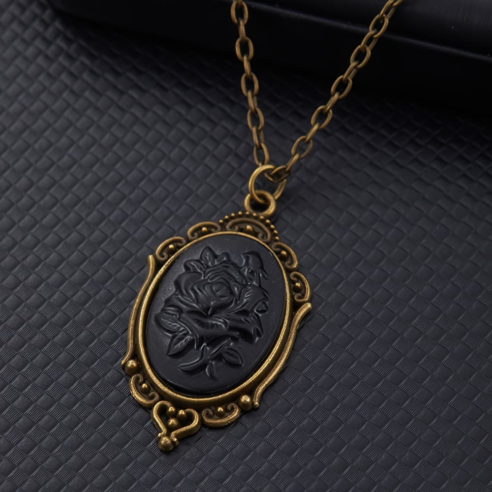TEMU Vintage Black Rose Relief Pendant Necklace Mourning Rose Necklace Gothic Necklace Jewelry Festival Gift