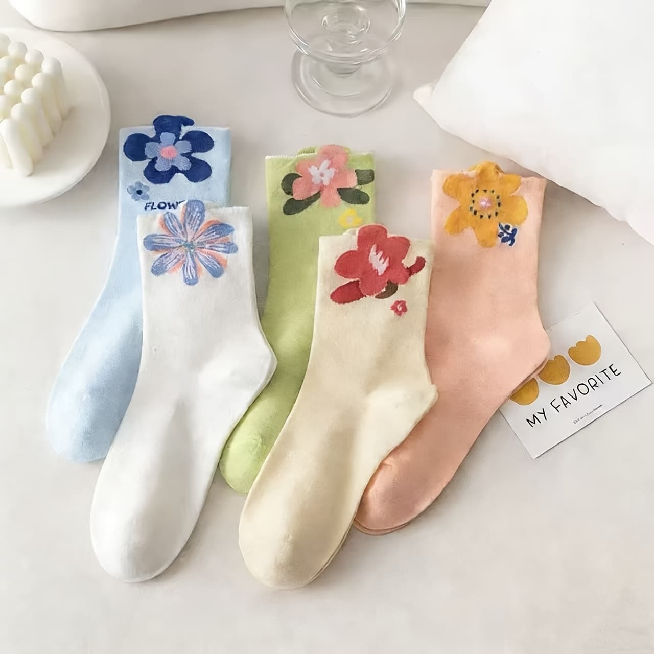 TEMU 5 Pairs Of Korean-style Long Socks For Women, Versatile For Autumn And Winter, Featuring Colorful Floral Designs, Mid-calf Length, And A Cute Japanese Aesthetic Suitable For