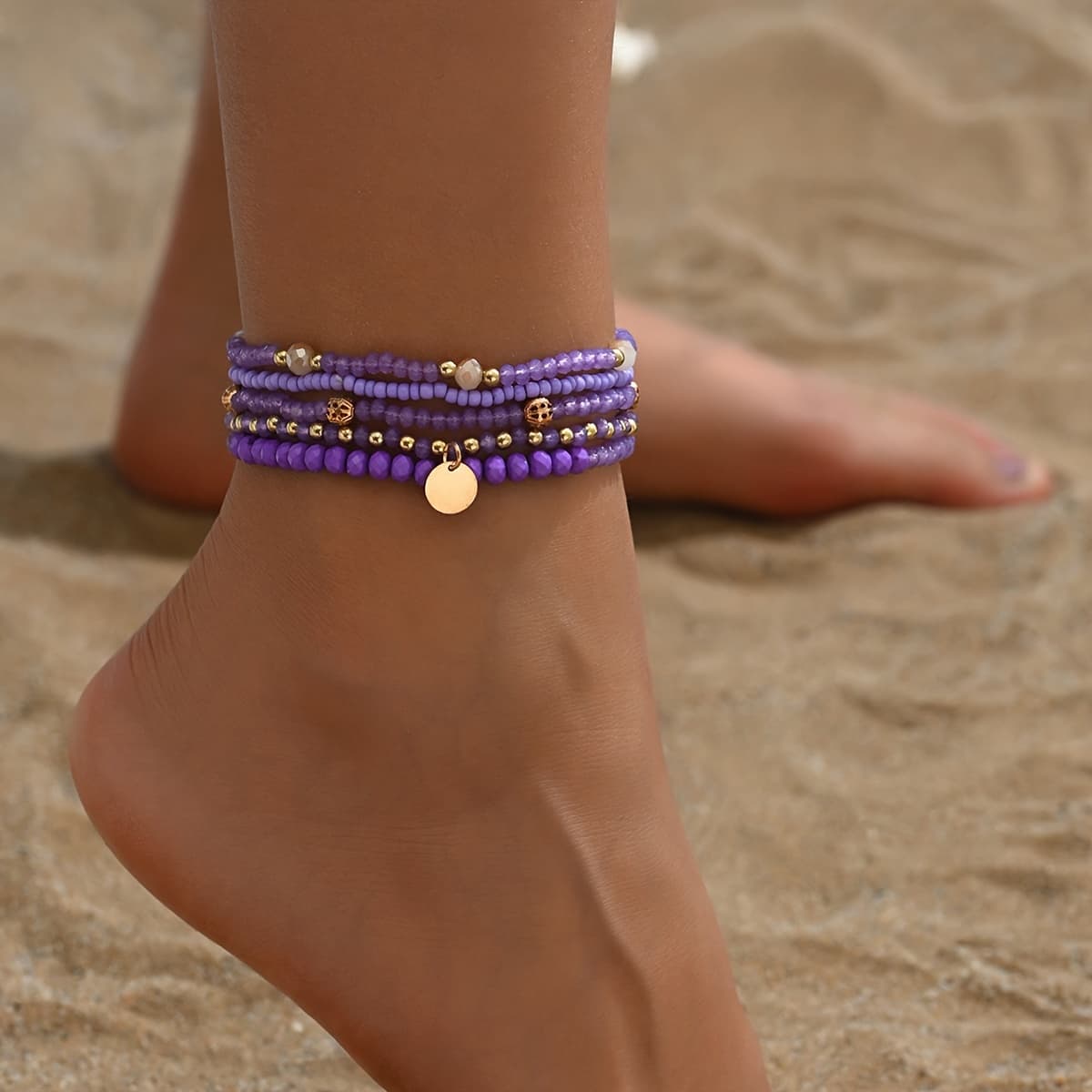TEMU 5pcs Summer Versatile Purple Bead Imitation Crystal Round Pendant Layered Anklet Set Suitable For Women's Beach Vacations And Everyday Wear