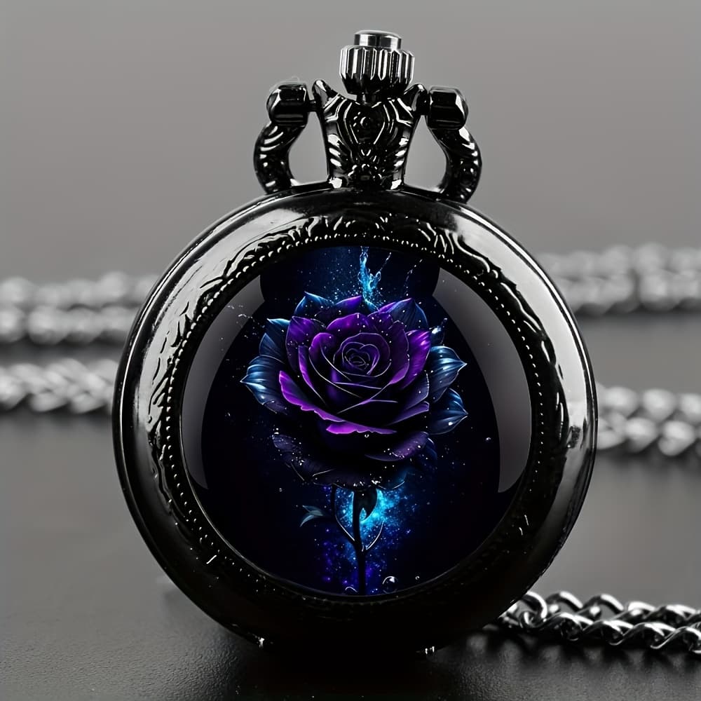 TEMU Beautiful Featuring Purple Roses, A Black Quartz Pocket Watch, A Clock Gift For Women And Girls