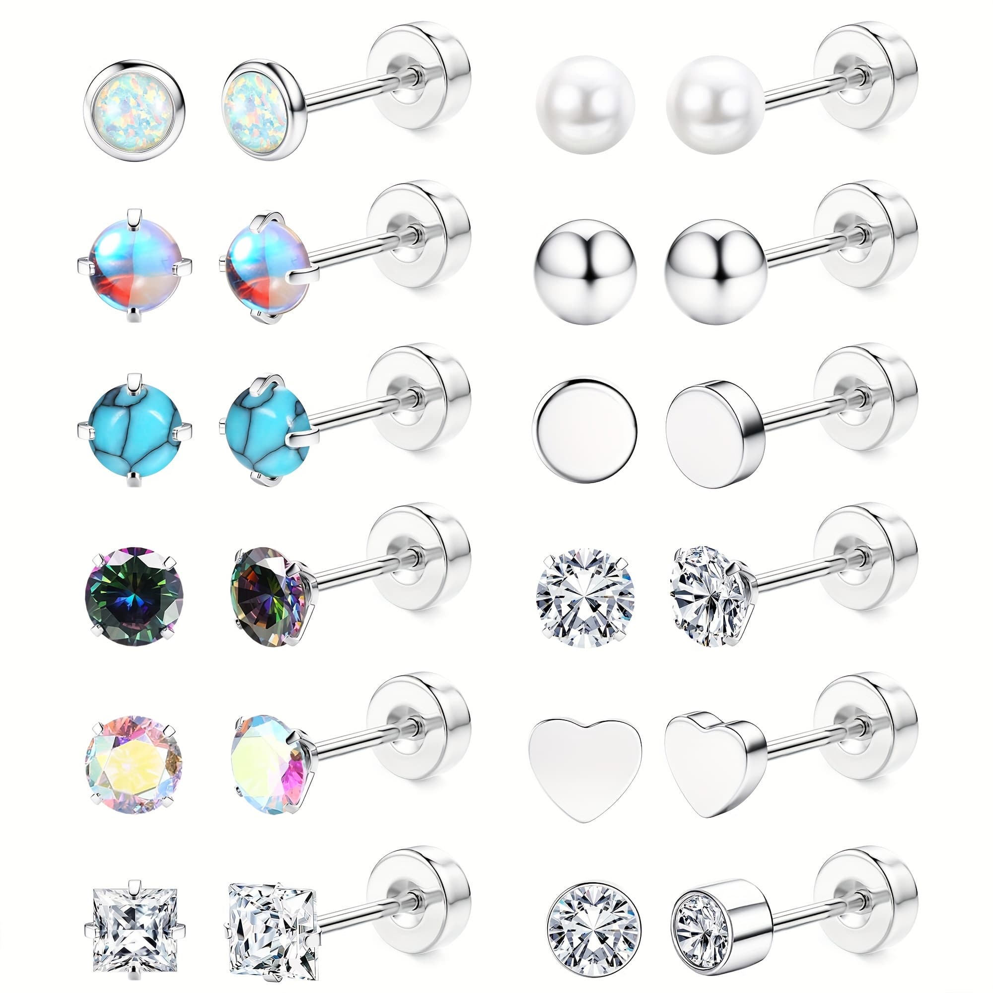 TEMU 12 Pairs/stud Surgical Steel Earrings For Women And Men Hypoallergenic Flat Back Stud Earrings 20g Surgical Steel Cartilage Earrings Opal Cz Pearl Small For Sensitive Ears