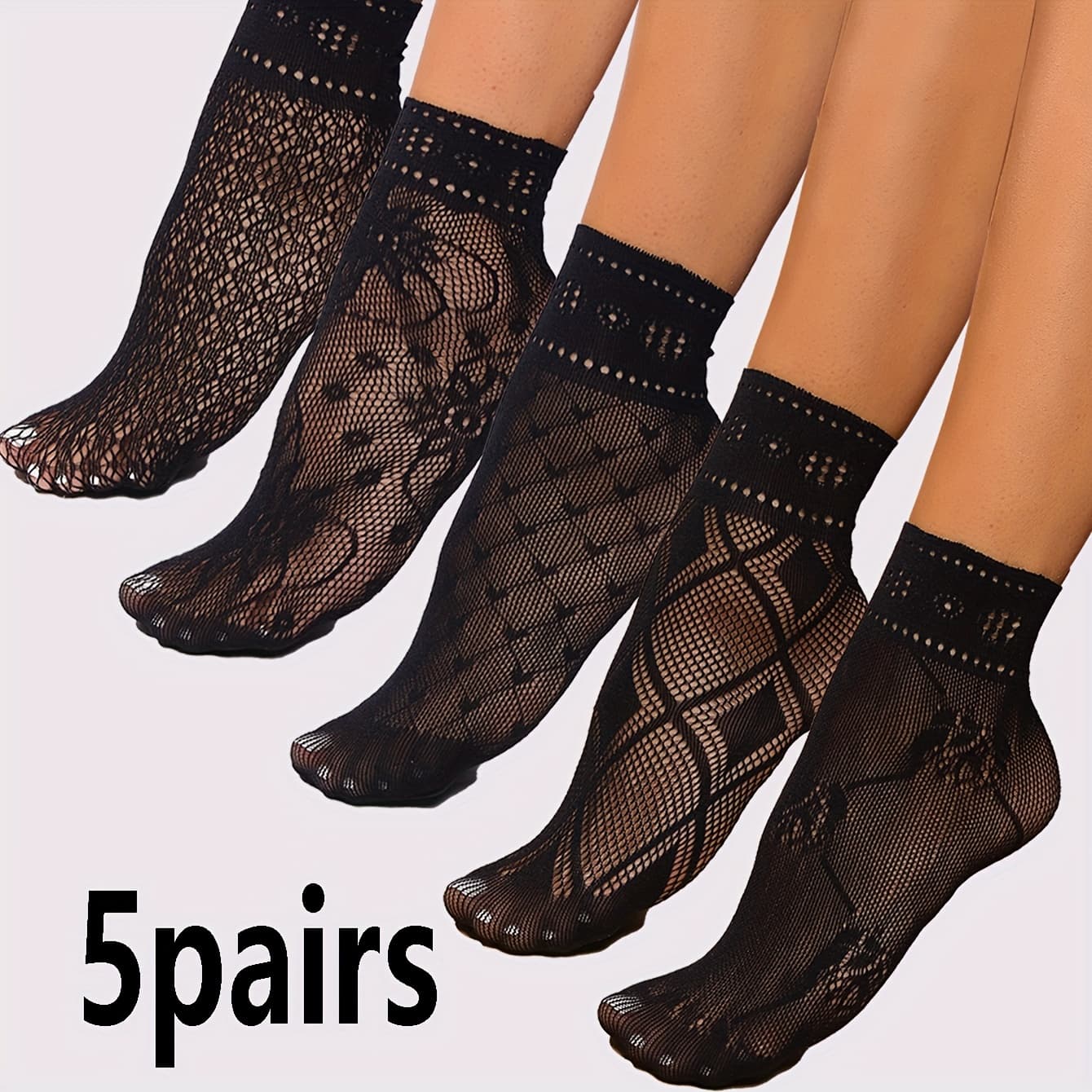 TEMU 5-pack Women's Summer Socks With Floral Trim, Hidden No-show Socks, Printed Mesh Socks, Ultra-thin Sheer Ankle Socks, Women's Thigh-high Socks And Stockings