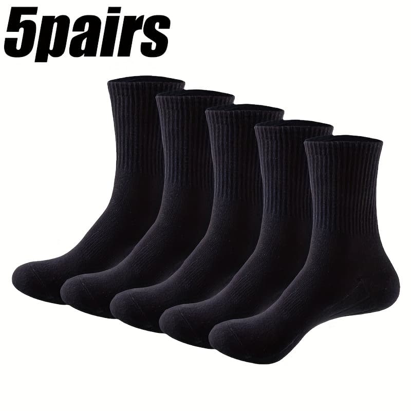 TEMU 3/5/7/9-pair Men' Black Athletic Crew Socks With Arch Support - Men's Autumn/winter Long Black Sports Socks