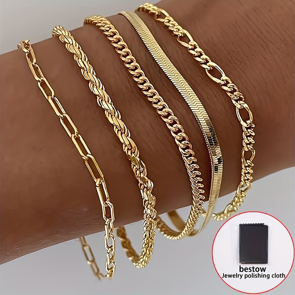 TEMU 5pcs 18k Golden Plated Stainless Steel Bangle Bracelet For Women ( +1pc Jewelry Cleaning Cloth), Cute Tennis Ball Beads Bracelet, Exquisite Steel Jewelry For Ladies