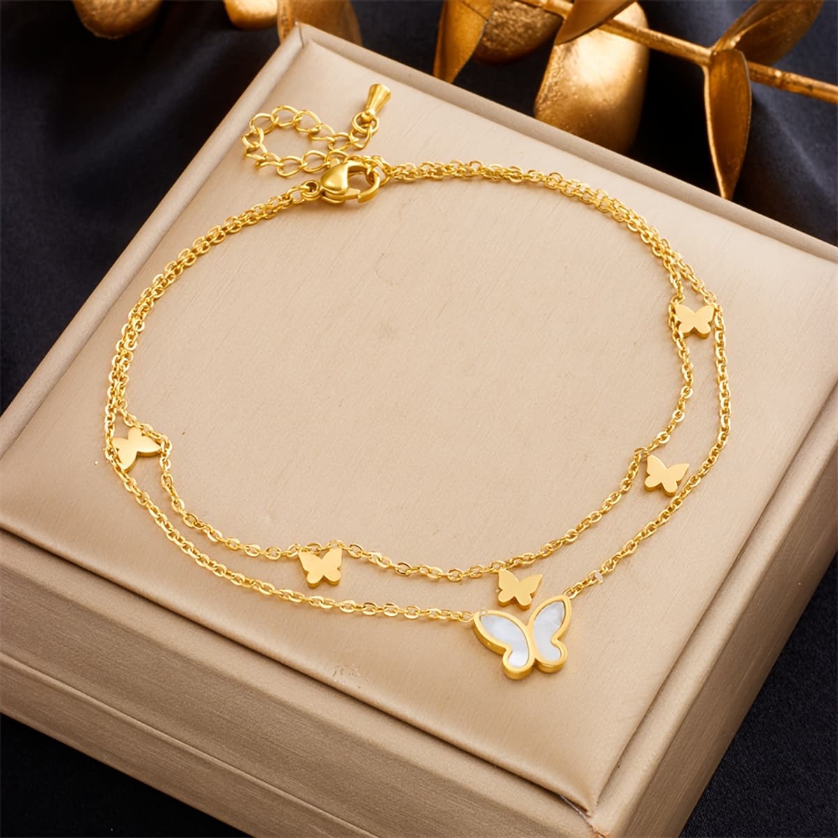 TEMU Women's Foot Chain Stainless Steel Double-layer Chain Pendant Summer Fashion Jewelry Bracelet