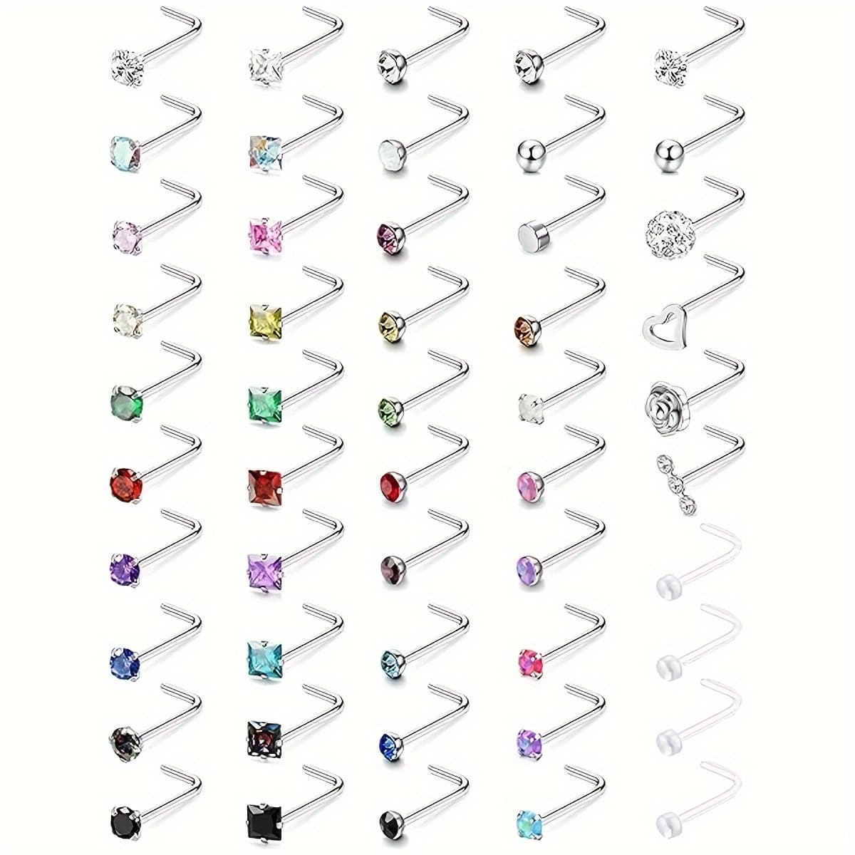TEMU 50pcs Hypoallergenic Nose Rings 20g Surgical Steel L-shaped Nose Bridge Piercing Jewelry Cz Protein Heart Nose Studs Designed For Men