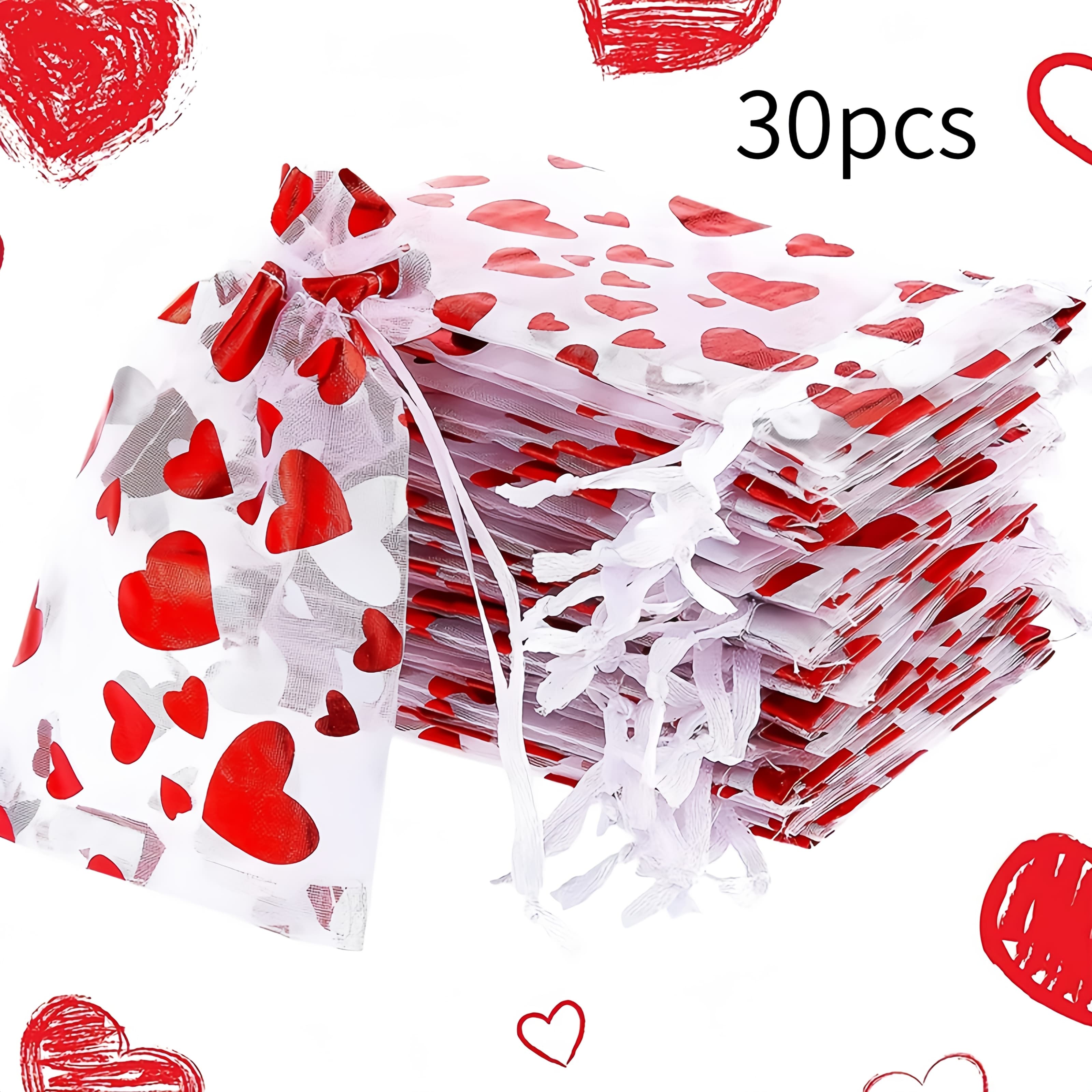 TEMU 30pcs Red Organza Bags Heart Print Satin Drawstring Valentine's Day Christmas Candy Jewelry Bags Suitable For Wedding Party Gift Bags