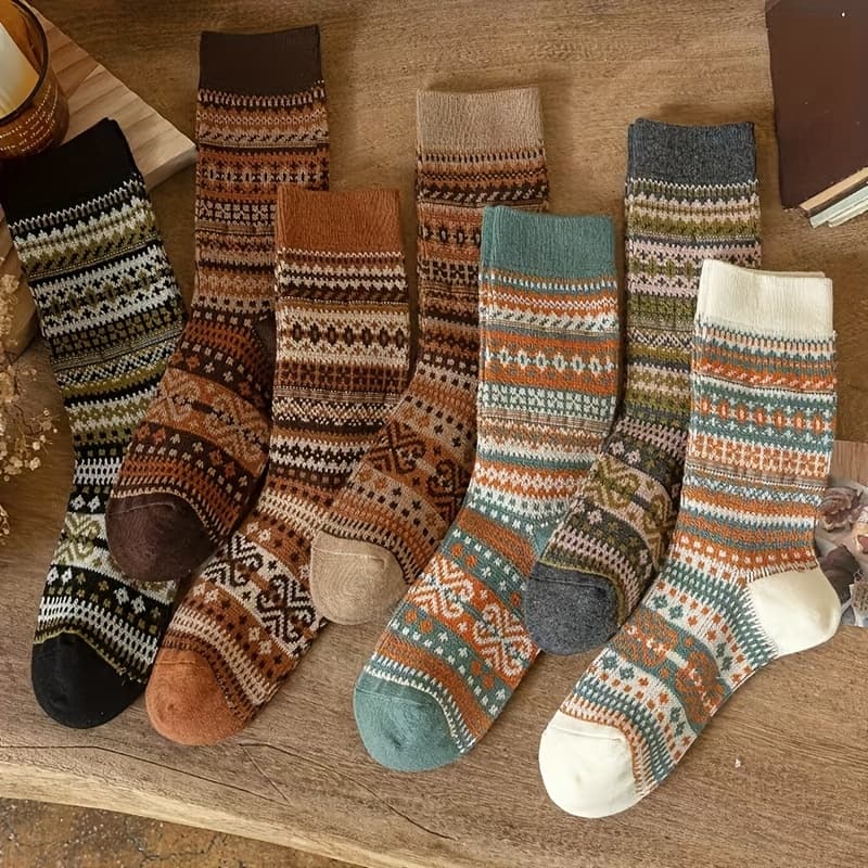TEMU Random 5 Pairs Of Colors Autumn Winter Women's Warm Comfortable Retro Ethnic Style Color Casual Mid-calf Socks