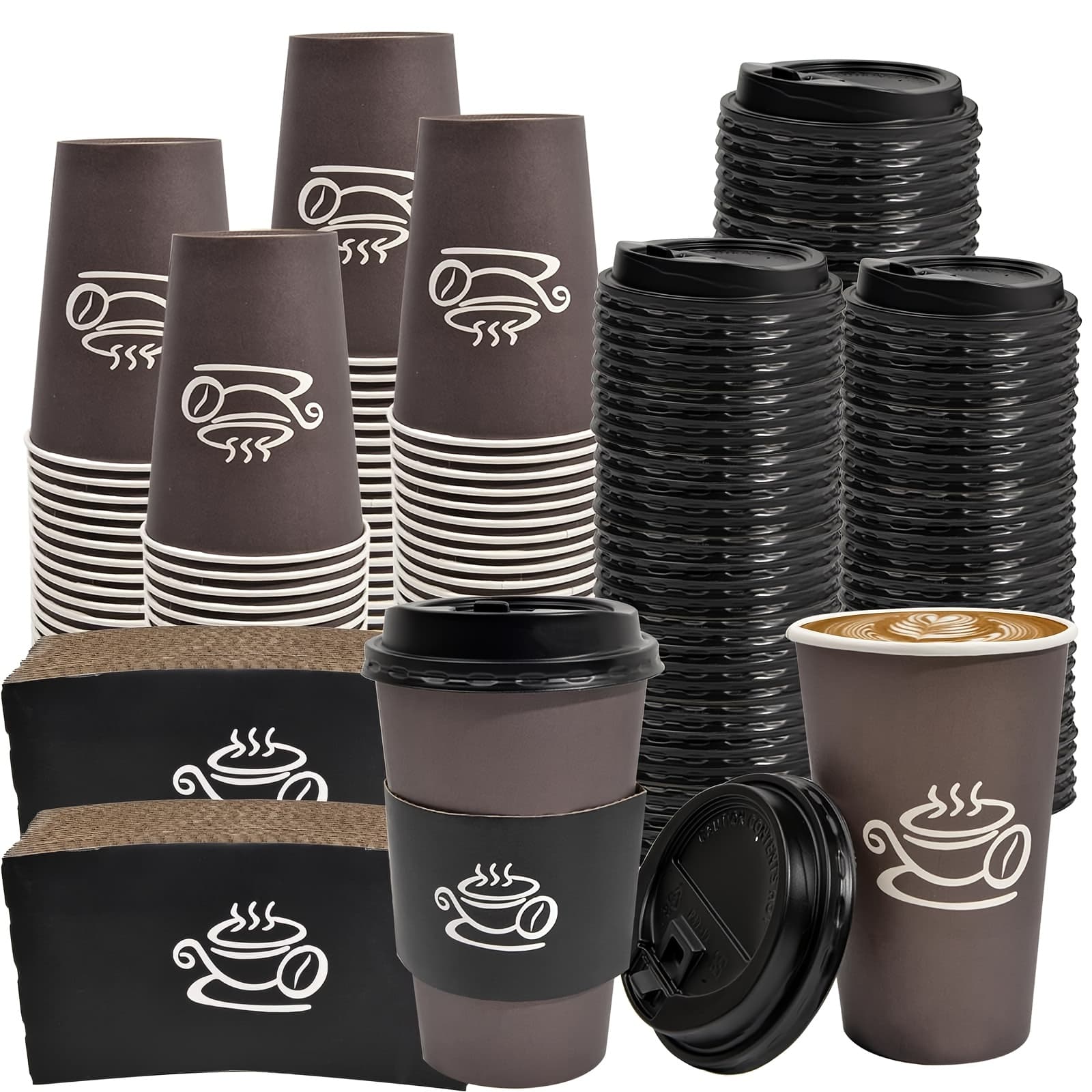 TEMU [50 Pack] 16 Oz Paper Coffee Cups, Disposable Paper Coffee Cup With Lids, Sleeves, And Stirrers, Hot/cold Beverage Drinking Cup For Water, Juice, Coffee Or Tea, Suitable For Home, Shops And Cafes