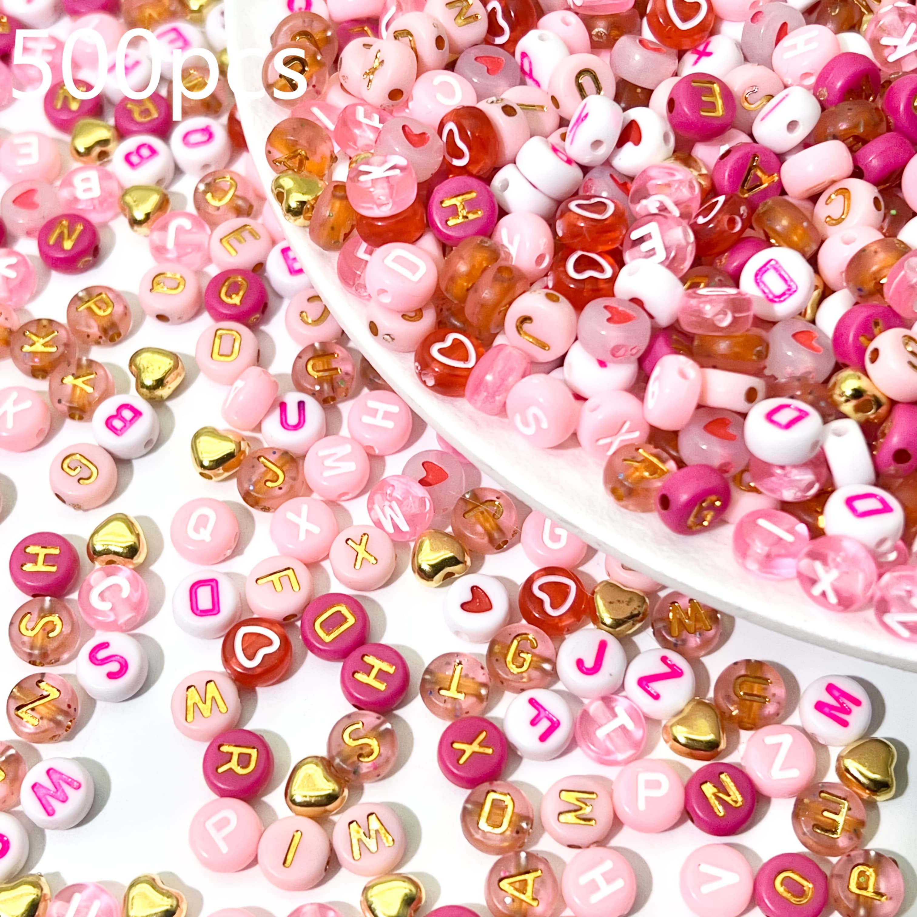TEMU 500pcs High Quality Pink White, Golden Letter Beads And Heart Shaped Beads Mixed Acrylic Beads – Suitable For Jewelry, Handmade Bracelet, Necklace Craft Products