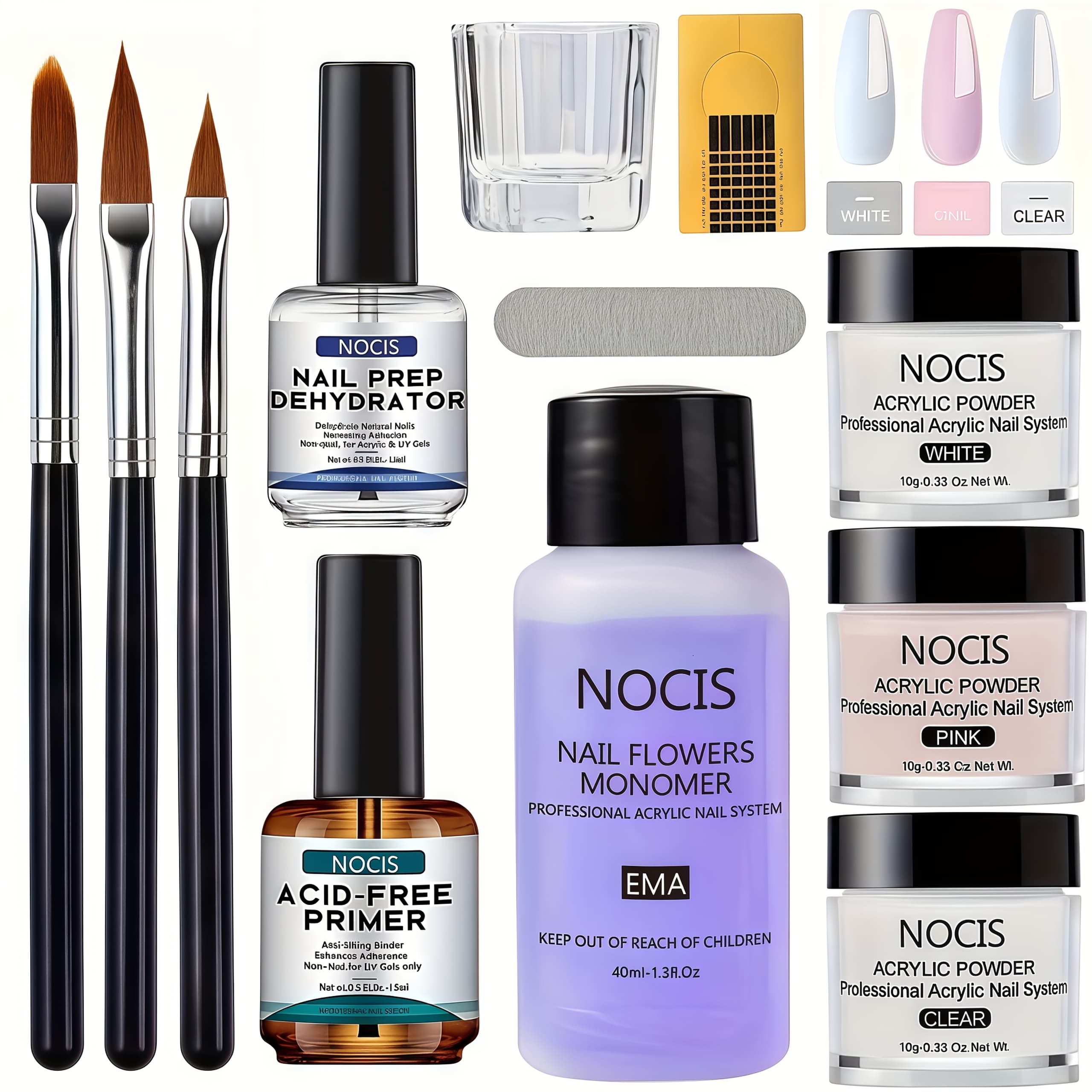 TEMU Acrylic Nail Kit For Beginners - Nail Extension, Includes 0.33oz Clear, White, Pink Powder And Liquid, Nail Brushes, Unscented, Salon-quality Home Manicure Tools