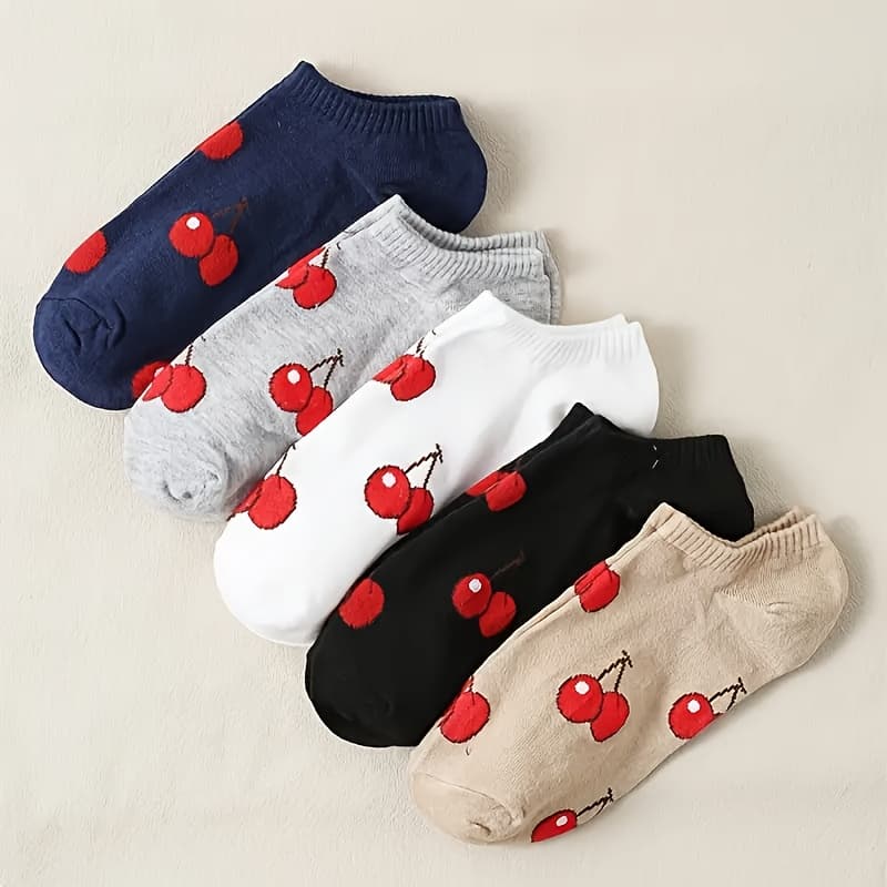TEMU 5 Pairs Women's Ankle Socks - Cute Cherry , Assorted Colors & Patterns, Soft Breathable Fabric, Machine Washable For Casual & Formal Wear, Cute Socks