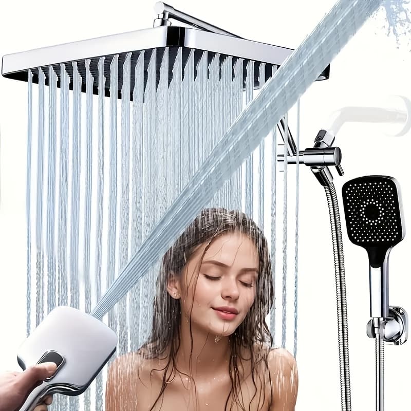 TEMU Luxury 13-inch Shower Head With Handheld Spray - 4 , Adjustable Arm & 3-way Diverter Valve, Matte Black & Chrome Finish - Ideal For Home