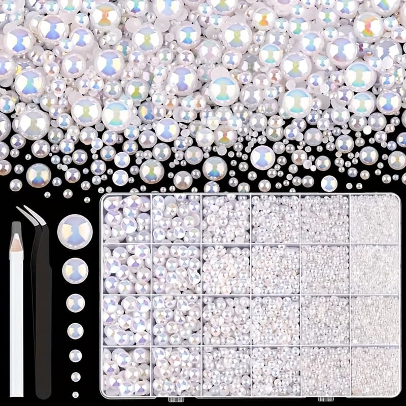 TEMU 8600pcs Flat For Crafts (white Ab), Sizes 3/4/5/6/8/9mm Non-hot- Half, Beads For Diy Handicrafts Clothing, Cups, Water Cups, Shoes, Cloth Decoration Nail Art Makeup
