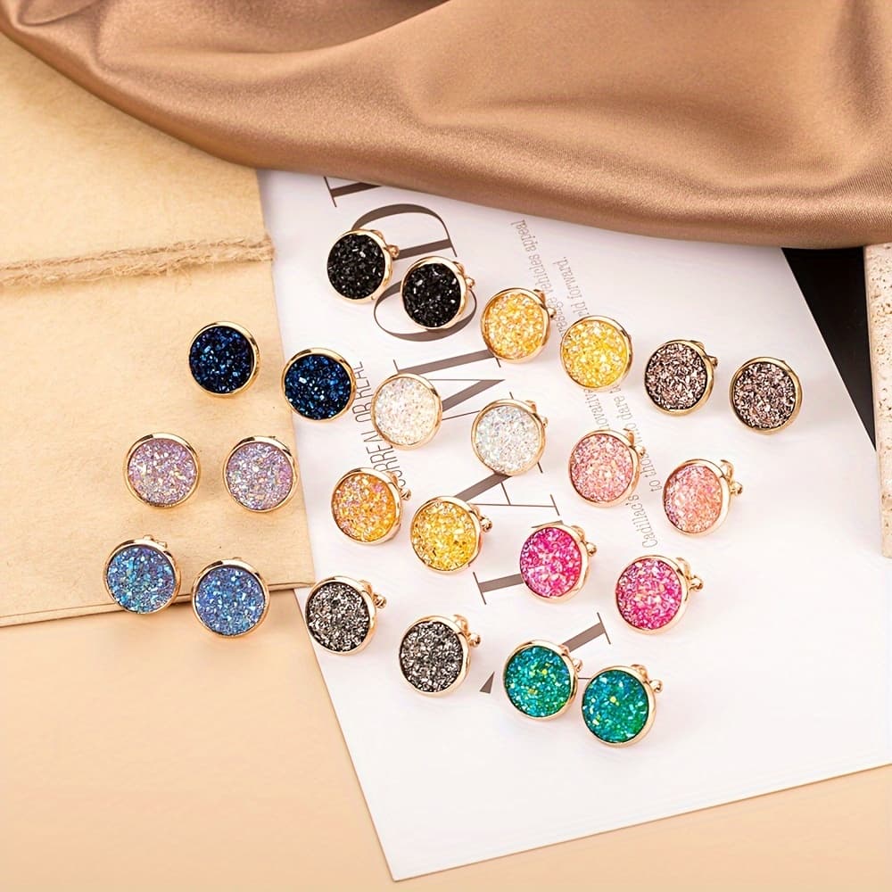 TEMU 12 Pairs Non-piercing Earring Round Artificial Gemstone Inlaid Earring Set Elegant Clip-on Resin Stud Earrings For Women Round Shaped Ear Ornaments For Women