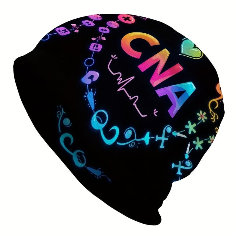 TEMU 1pc Bohemian Medical Cna Design Knit With Neon Lettering - Lightweight For Nurses, Healthcare Workers - Christmas, Thanksgiving Uniform Accessory Or Casual Wear Hat