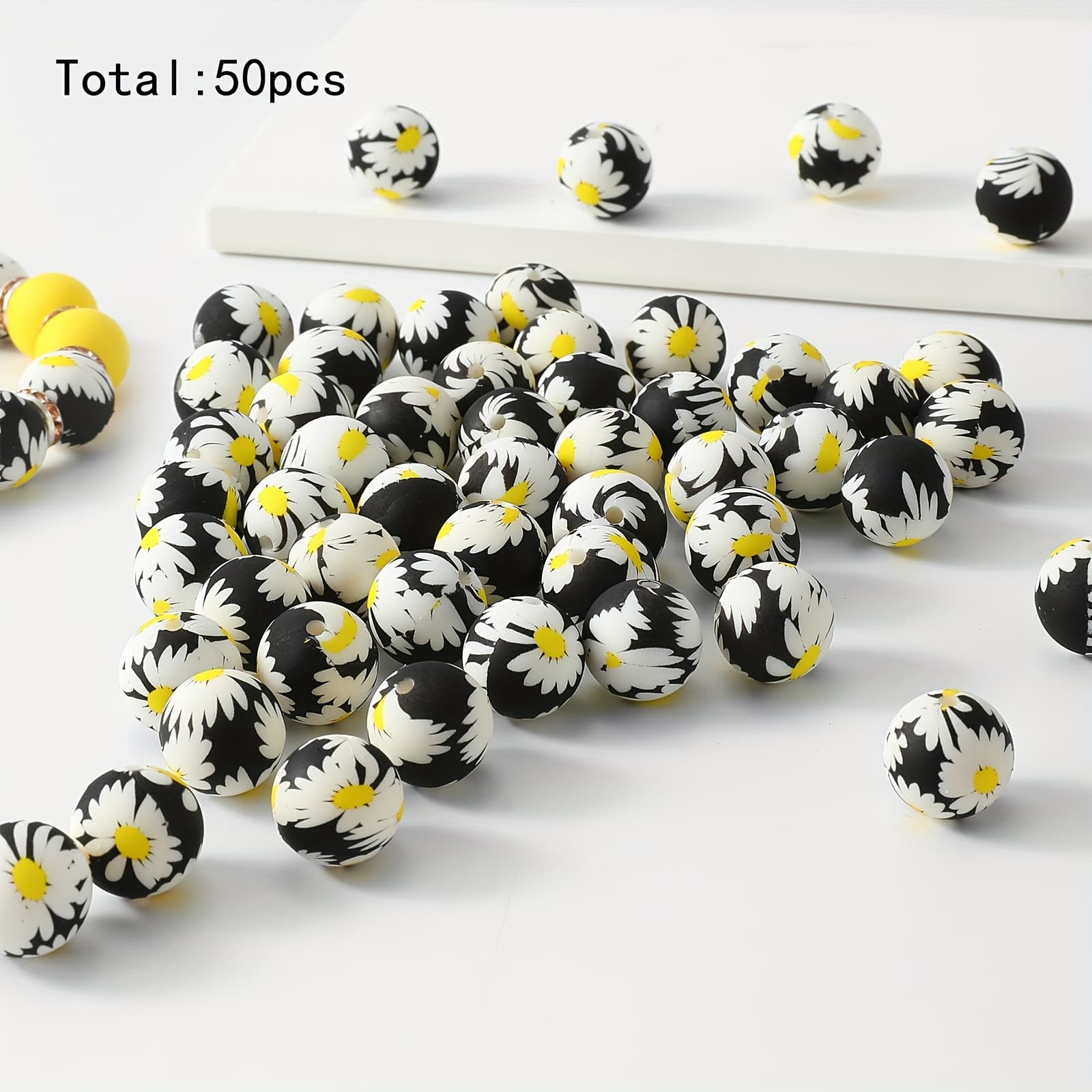 TEMU 50pcs Silicone Printed Beads Black White Sunflower Print Beads 15mm Printed Beads Silicone Spacer Beads For Keychain Making Bracelet Necklace Diy Pen Beads