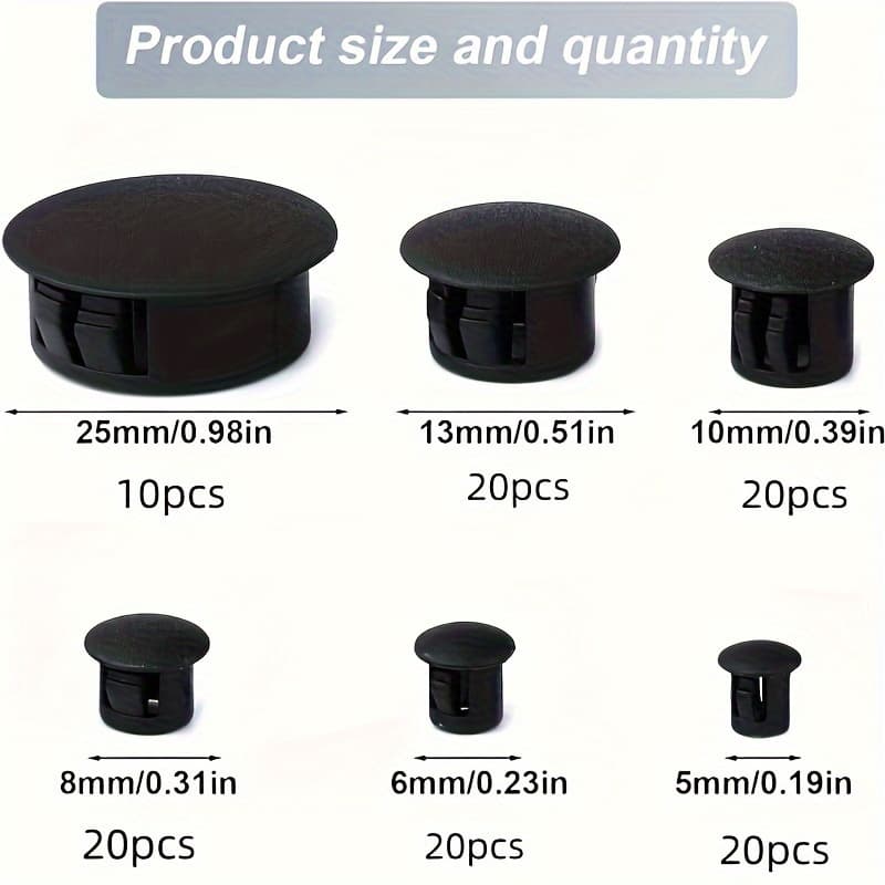 TEMU 110pcs Black Plastic Cabinet Hole Plugs - 6 Sizes For Locking Hole Tubes, Furniture , & Versatile Screw Hole Plugs For Secure Fastening