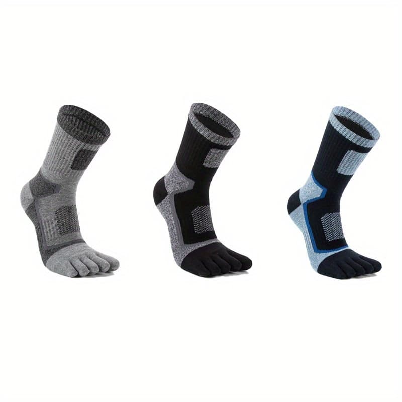 TEMU 3 Pairs Men's Mid-calf -toe Separated Running Socks - Breathable Moisture-wicking Anti-slip Reinforced Heel & Toe, Geometric Pattern For Hiking Outdoor Sports, Fits All (39-45)