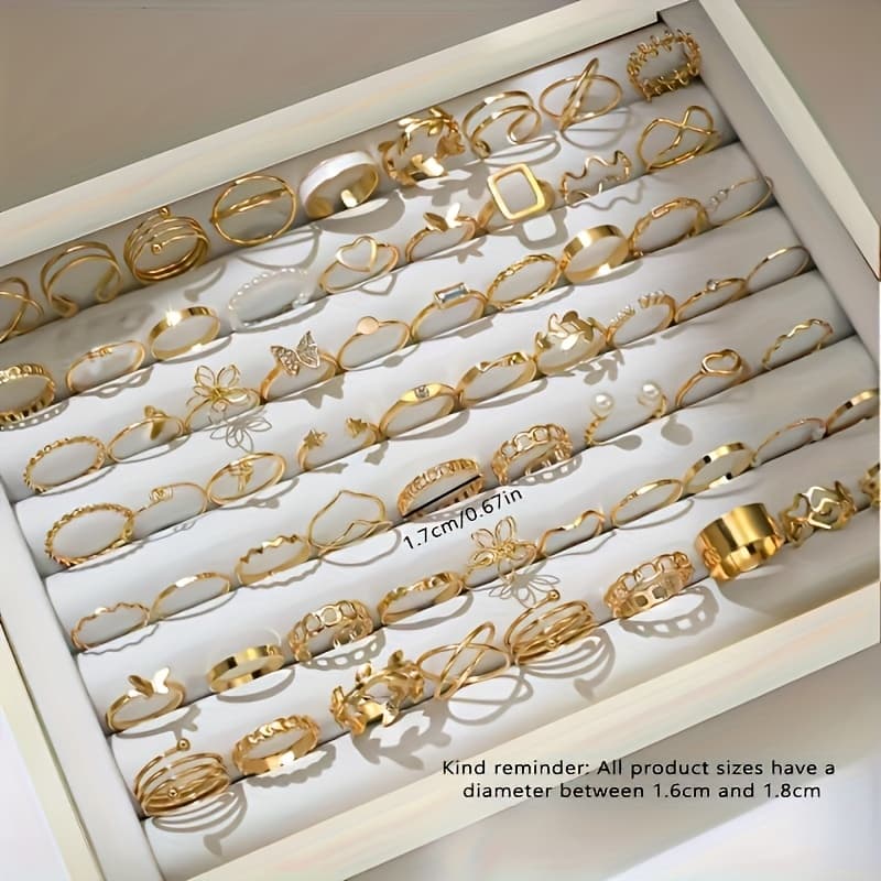TEMU A Set Of 66 Retro Simple Autumn And Winter Golden Geometric Flower Heart Stackable Rings For Women, Suitable For , Parties, Vacations, Dates, And Gifts.