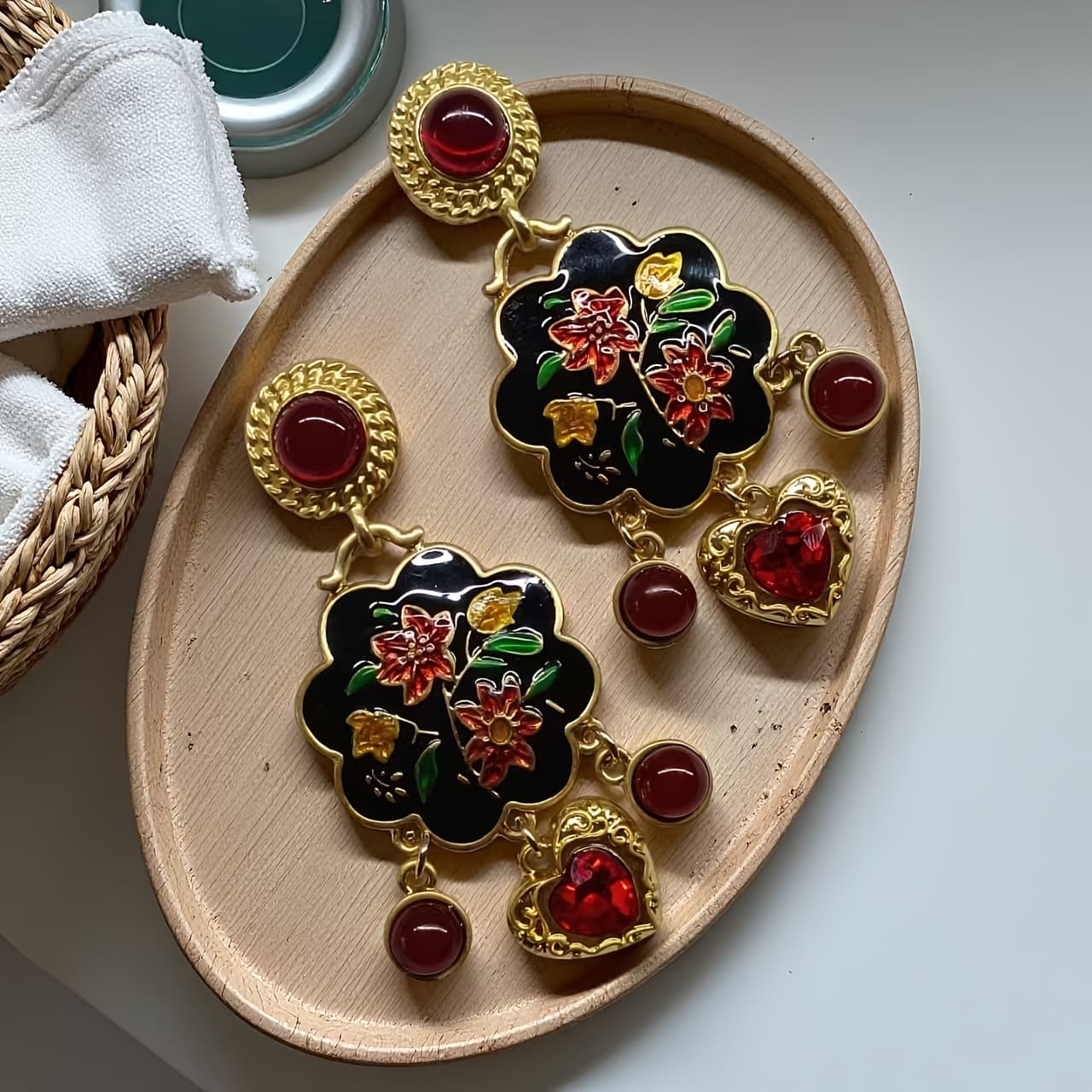 TEMU 1 Pair Of Vintage Court-style Artificial Drip Glue Craft Earrings / Glass + Resin Dot Glue Ethnic Style Ear Accessories