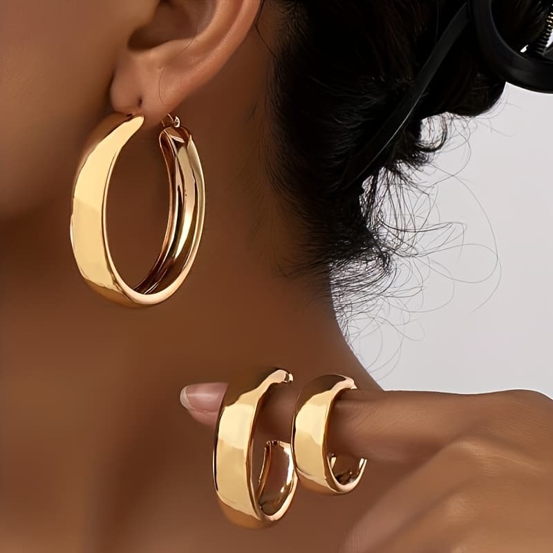 TEMU Elegant 3-pair Set Of Golden Glossy Hoop Earrings - Chic & Simple Metal Jewelry For Women, Perfect Gift