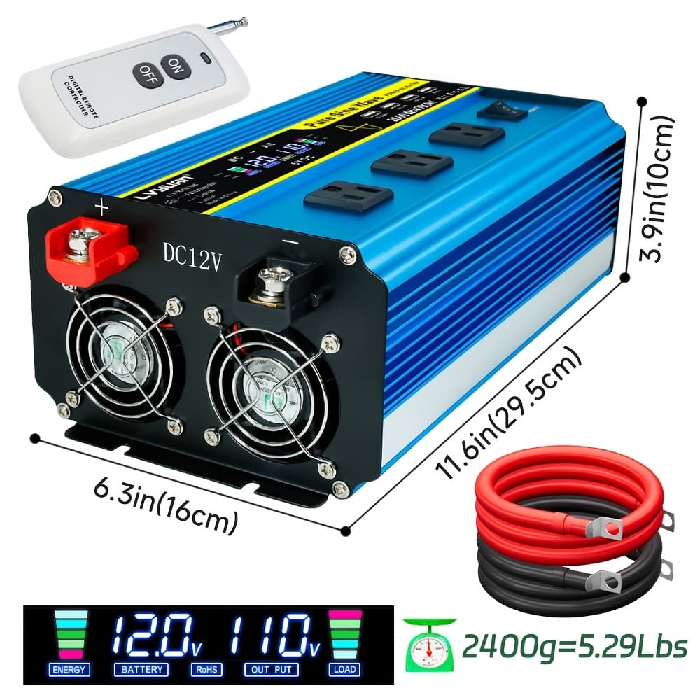 TEMU Lvyuan 2000 Watt/4000w()power Inverter Pure Sine Wave Inverter 12v To 110v To Ac With Ac Sockets, Lcd Display, Wireless Remote Contro Car Power Inverter For Boat Vehicles Rv Camping Truck