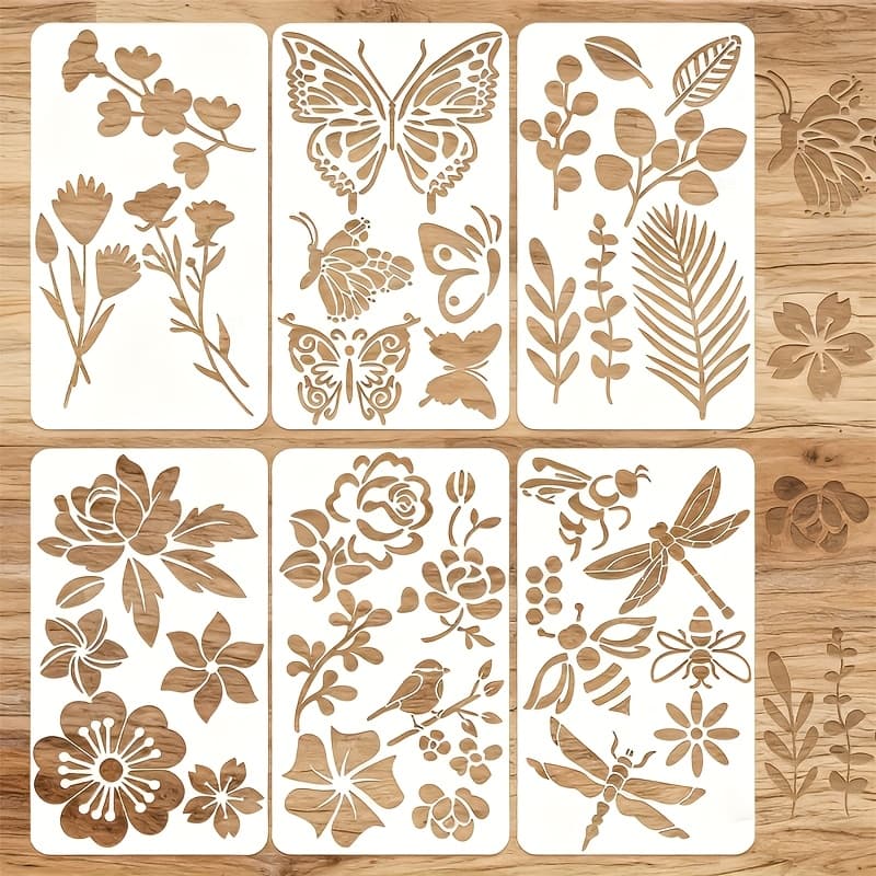 TEMU Reusable Stencils For Painting - Flower, , Leaf, Rose, Bird, Bee, Dragonfly, Plant Insect Patterns - Diy Craft Templates For Wood, Canvas, Wall Art Decor, 6 Pack