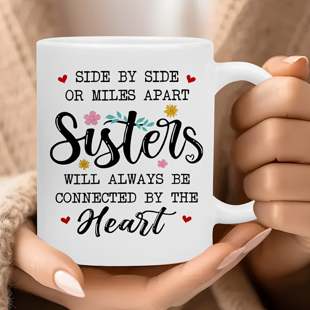 TEMU Mug - " Or Sisters " | White Ceramic Cup With Floral Accent, Contrast Handle - Decorative Font, Gift For Sisters/best Friend/mom/daughter
