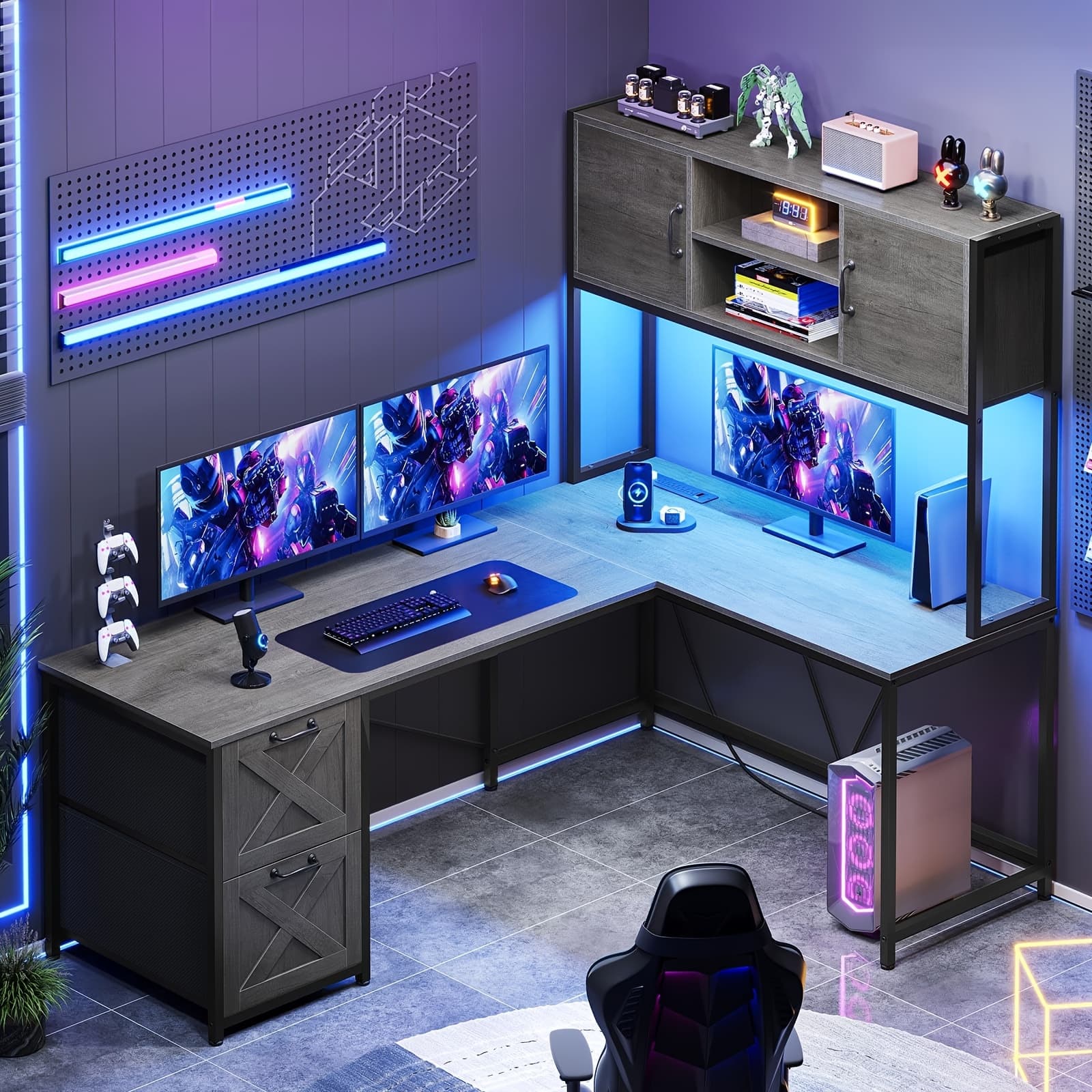 TEMU L-shaped Desk With Drawers, 62.2-inch Home Office Desk Featuring Fabric File Drawers And Power Outlets, L-shaped Desk With Storage Cabinet, Storage Shelf, Led Light