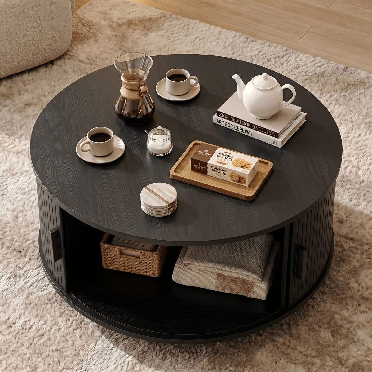 TEMU 32" Modern Round Coffee Table With Sliding Door & Storage, Room Center Table, Sturdy Stylish Tea Table For Bedroom, Apartment