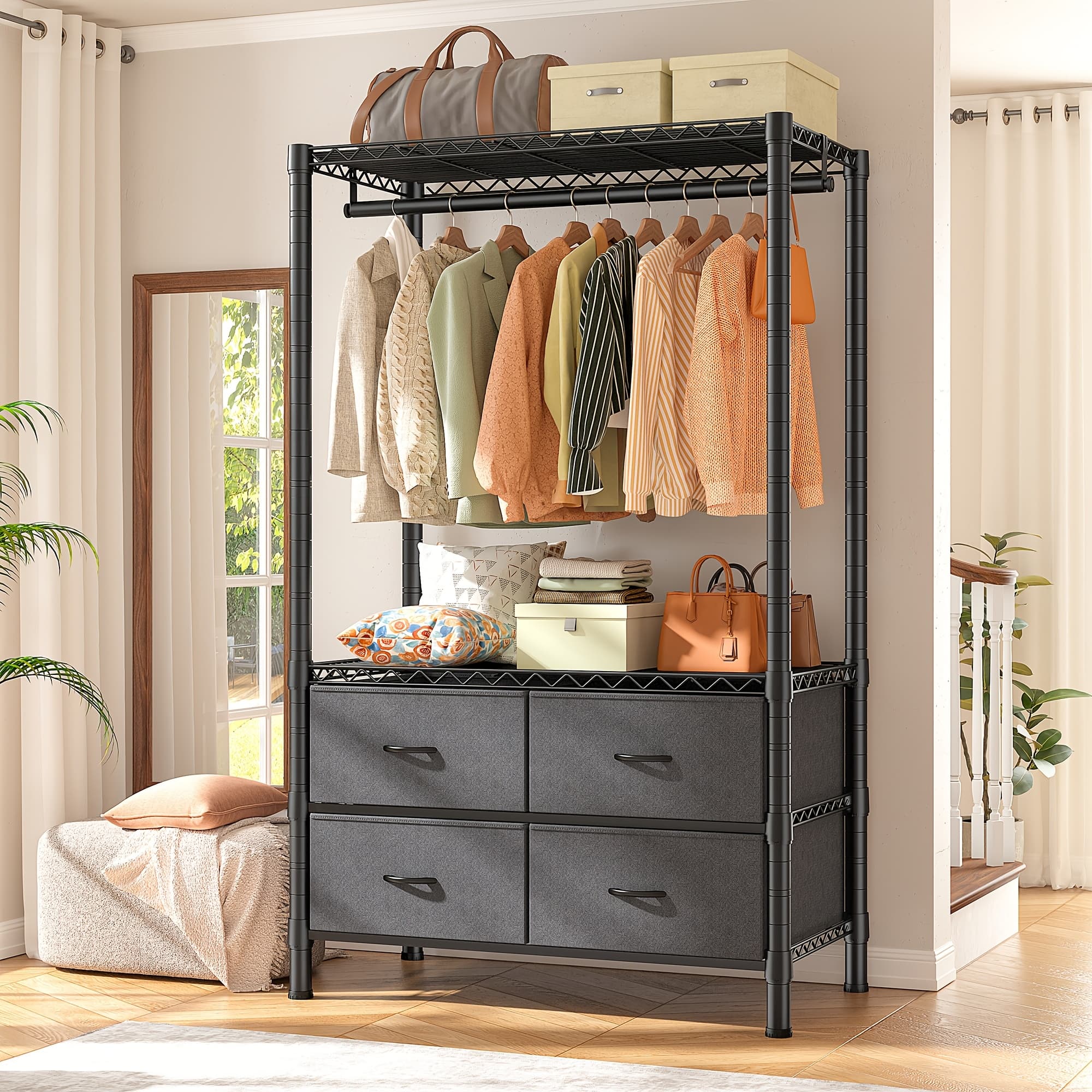 TEMU Clothes Rack, Clothing Rack, Clothing Racks For Hanging Clothes, Heavy Duty Clothes Rack With 4 Drawers Load 445lbs Closet Rack Garment Rack