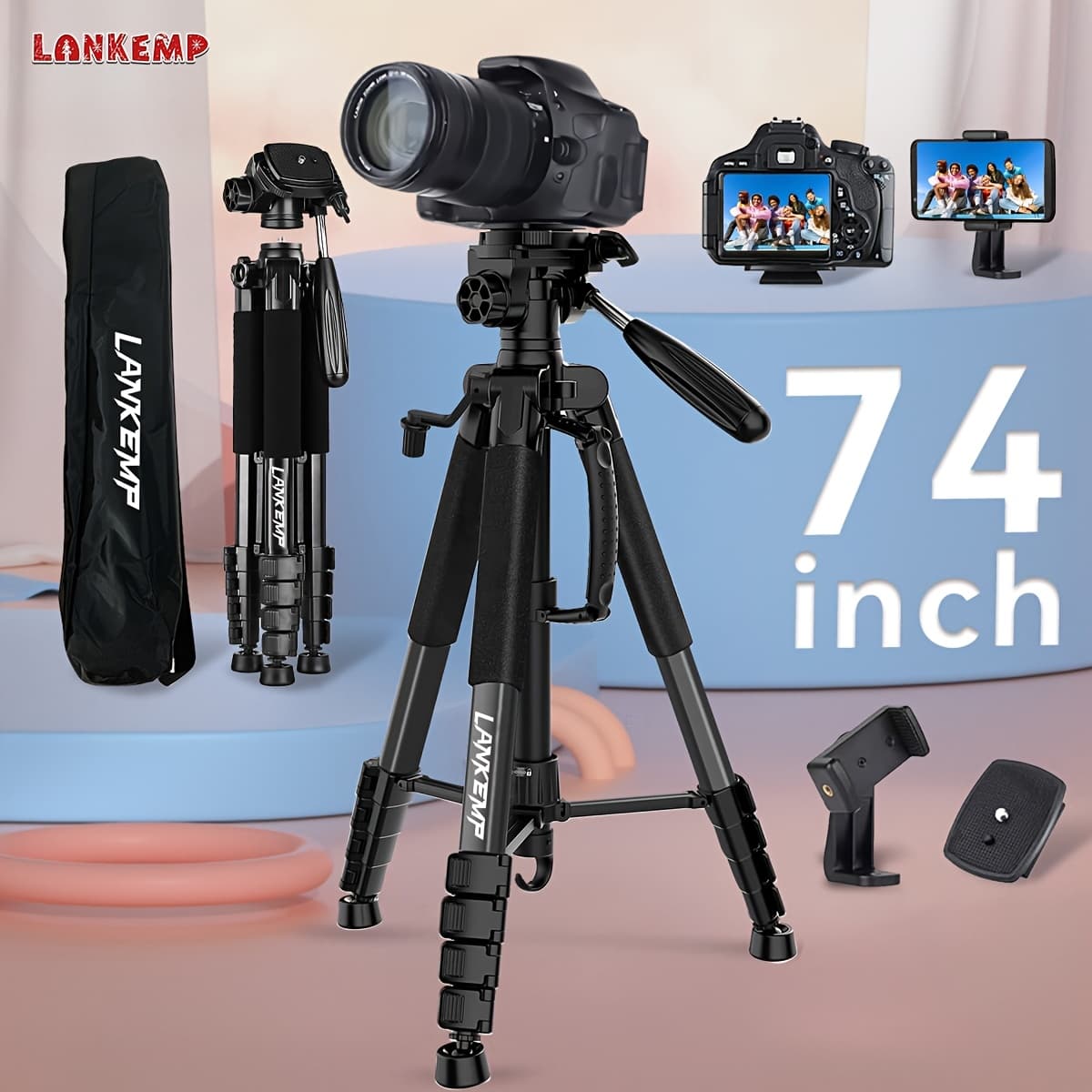 TEMU Aleimon Aluminum Alloy Tripod, 74-inch Professional Heavy-duty Stand With Dual Quick Release Plate, Phone Clip, Carrying Bag For Dslr Cameras, Cell Phones, Projectors, Scopes