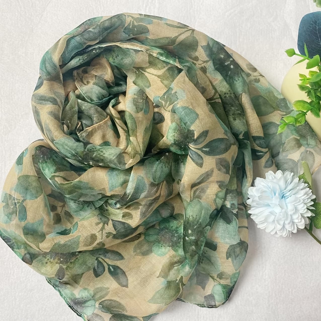 TEMU Yellow-green Balinese Yarn Plant Print Scarf, Women's Spring And Autumn Shirt Versatile Additions Polyester Scarf Shawl