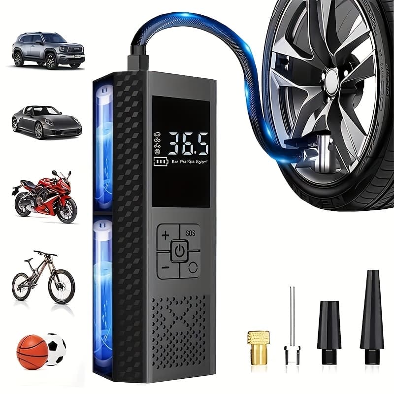 TEMU Portable Tire Inflator With Digital Pressure Gauge | 180 Psi, Rechargeable Battery, Led Light, Cordless, Suitable For Cars, Motorcycles, Bicycles, And Balls