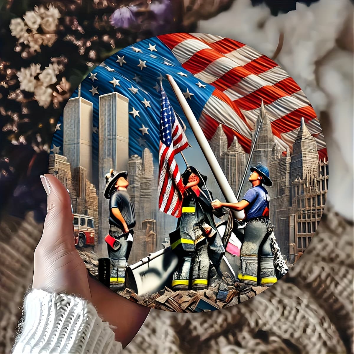 TEMU Patriotic Firefighter Round Aluminum Wall Plaque - With & American , Durable Metal Wall Art For Home, Office, Events - 20cm/7.87 Inch Diameter, No Electricity Needed