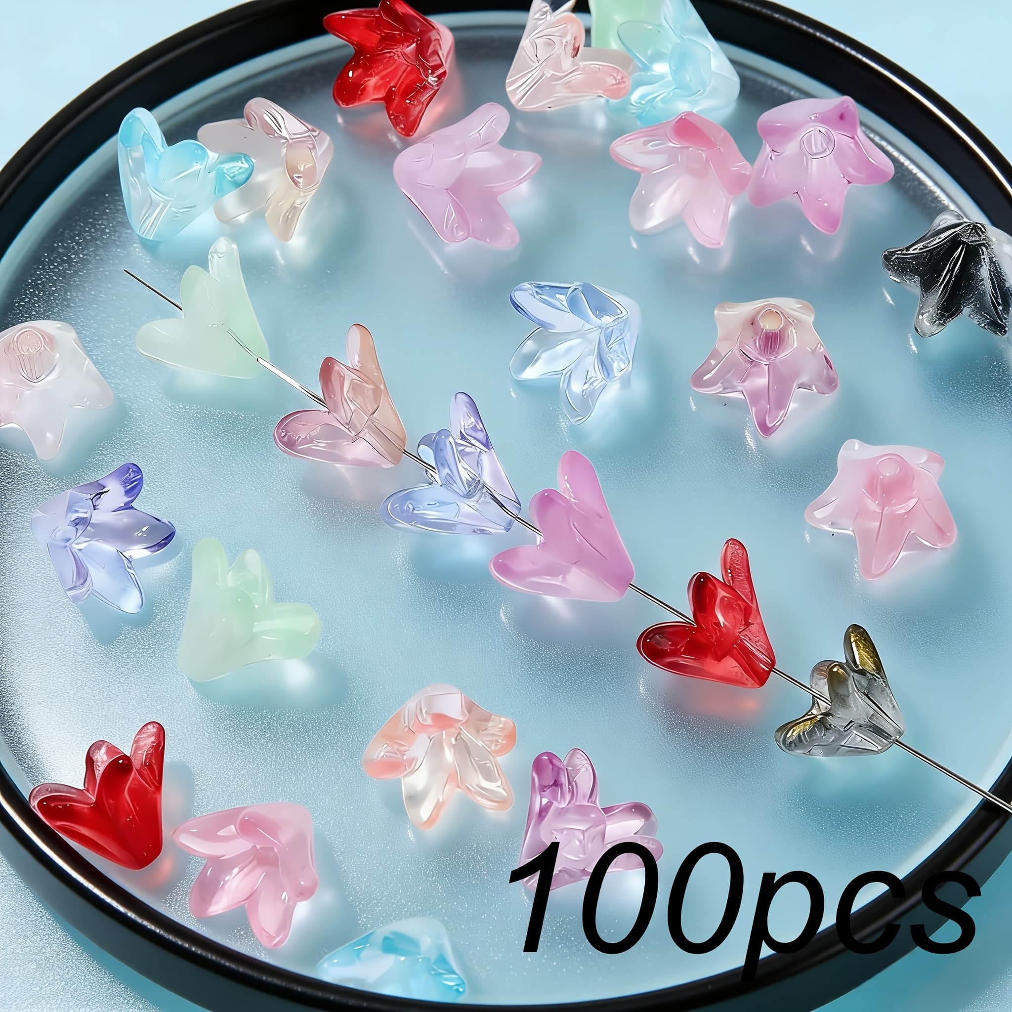 TEMU 100pcs Lily Glass Beads - 10x13mm Pastel Gradient Flower-shaped Beads Semi-transparent Texture Random Mixed Colors Suitable For Bracelets, Necklaces, Earrings And Exquisite Jewelry Making
