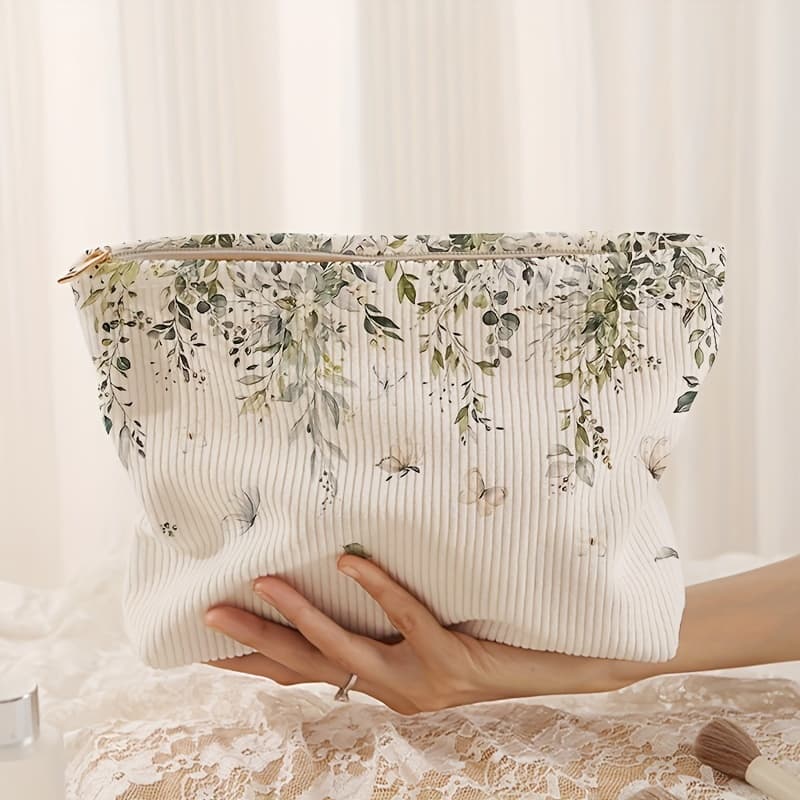 TEMU Hand-painted Floral Print Corduroy Zipper Storage Bag, Lightweight Cosmetic Bag Makeup Bag, Multi-functional Wash Bag With Lining