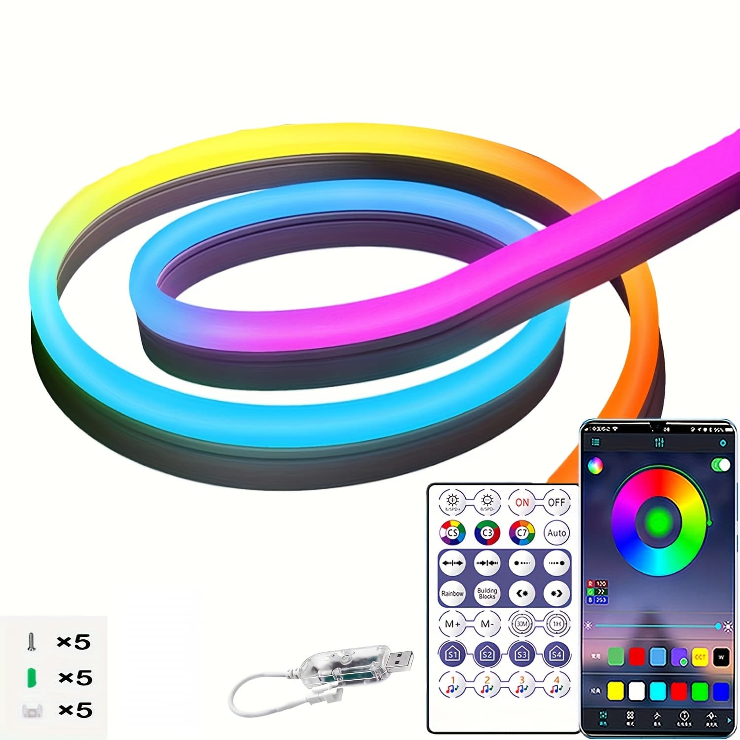 TEMU Usb Rgbic Color Led Neon Rope Light With Remote&app Control, Ip65 Waterproof, For Bedroom Living Game Room Wall Halloween, Christmas Decoration
