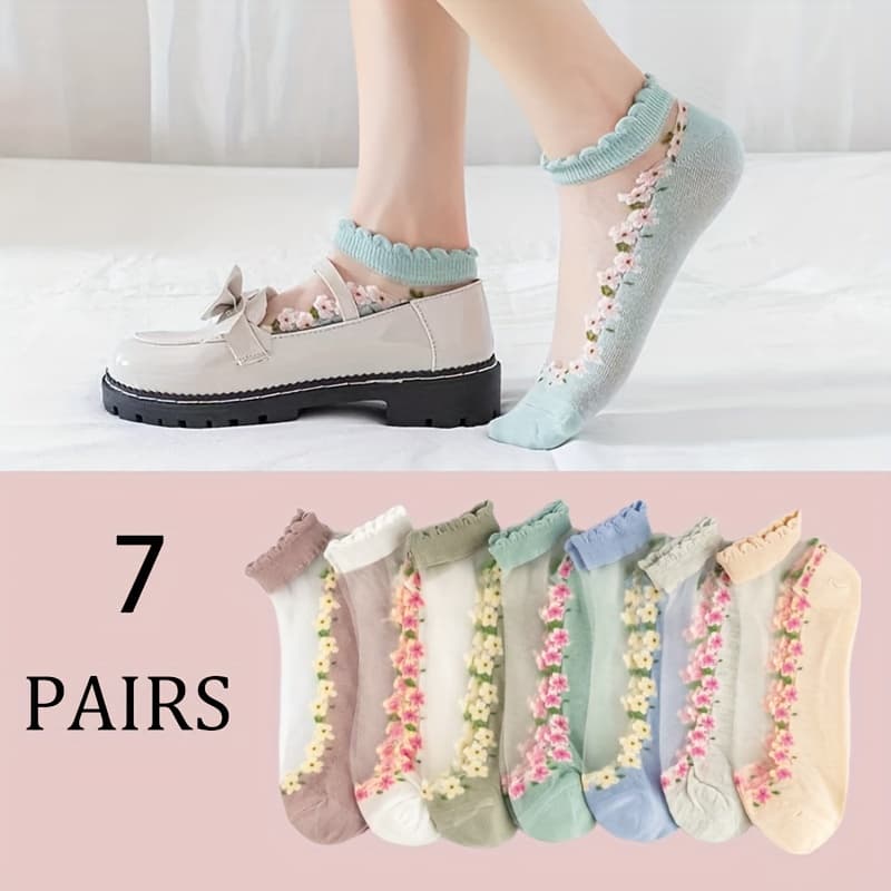 TEMU 7 Pairs Of Crystal Socks Women's Summer Thin Socks Glass Boat Socks Cute Lace Short Socks