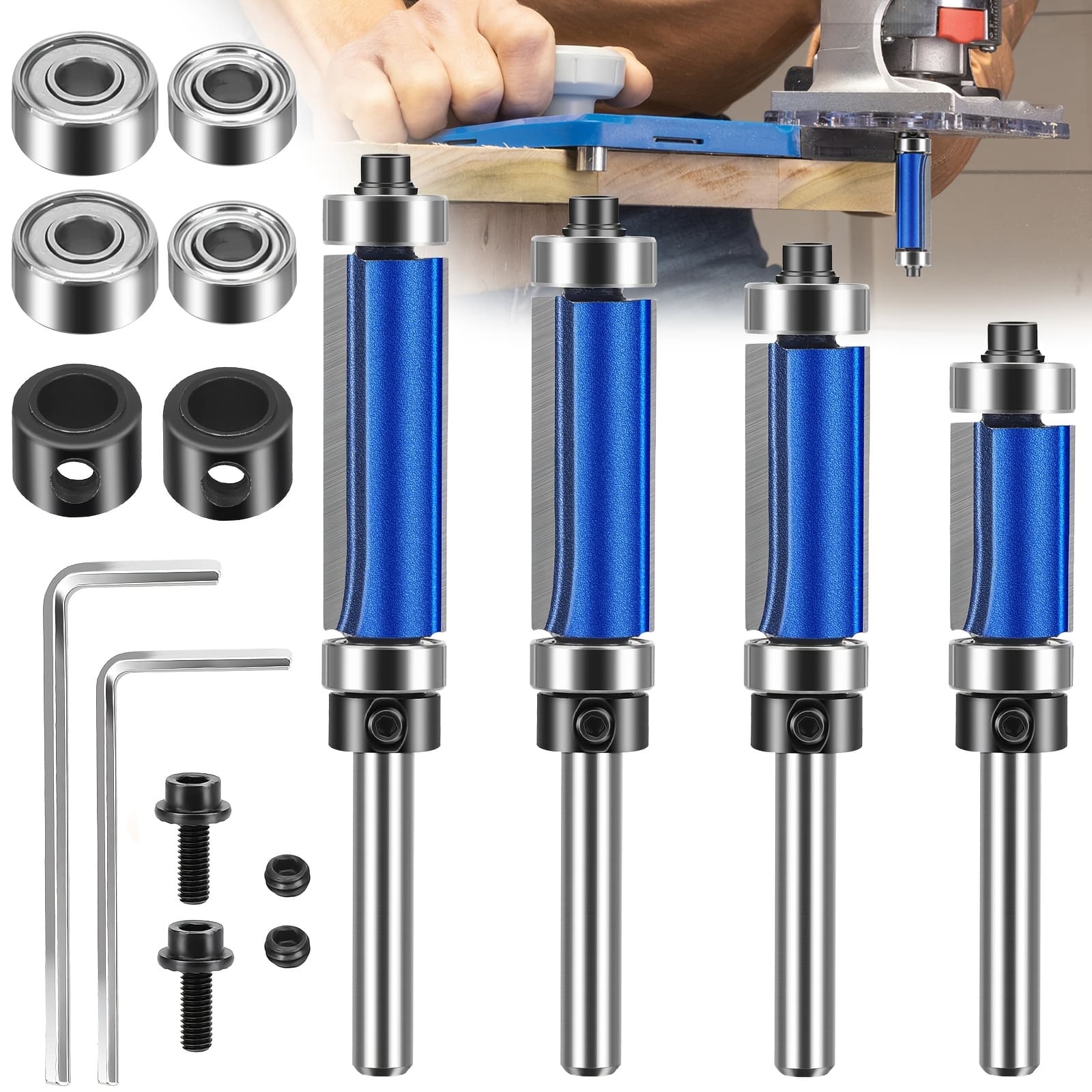 TEMU 4pcs 1/4" Shank Spiral Flush Trim Router Bit Set, Double Bearings High-strength Trimming Tool, Woodworking Milling Cutter Tool For Hard Wood