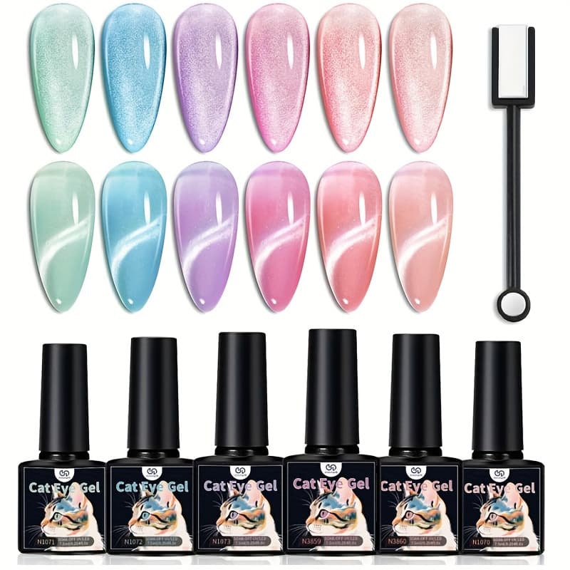 TEMU Moonlight Cat Eye Gel Nail Polish Set 6pcs Smoothie Ceramic Glitter Shimmer Grape Purple Silvery White Blue Green Mirror Gel Polish With Magnetic Stick Led Curing