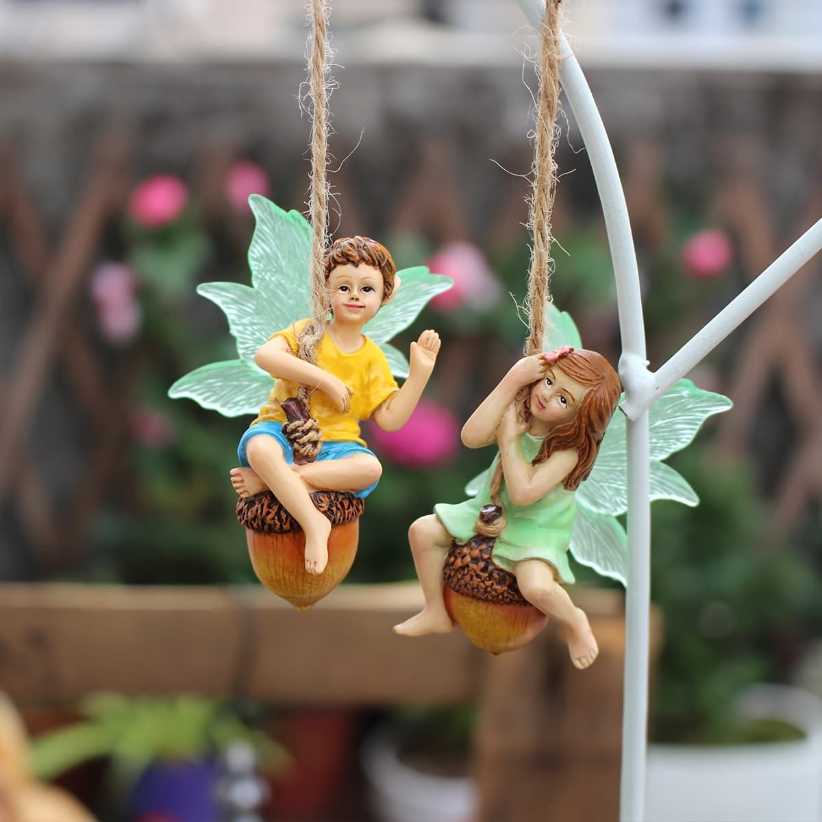 TEMU 2pcs Romantic Flower Fairy Swing Ornaments - Garden Decor With Luminous Wings, Resin Statues Of Couple Riding Swing, Home, Car Interior, And Outdoor Hanging Decoration, Fairy Garden Accessories