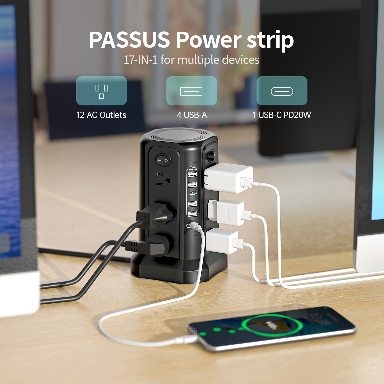 TEMU 2025 Passus Upgrade Version 10.2ft Long Extension Cord Protector With Usb Ports, Power Strip With 12 Ac Multiple Outlets, Pd20w Flat Plug Protector For Home Office Dormroom Black And White