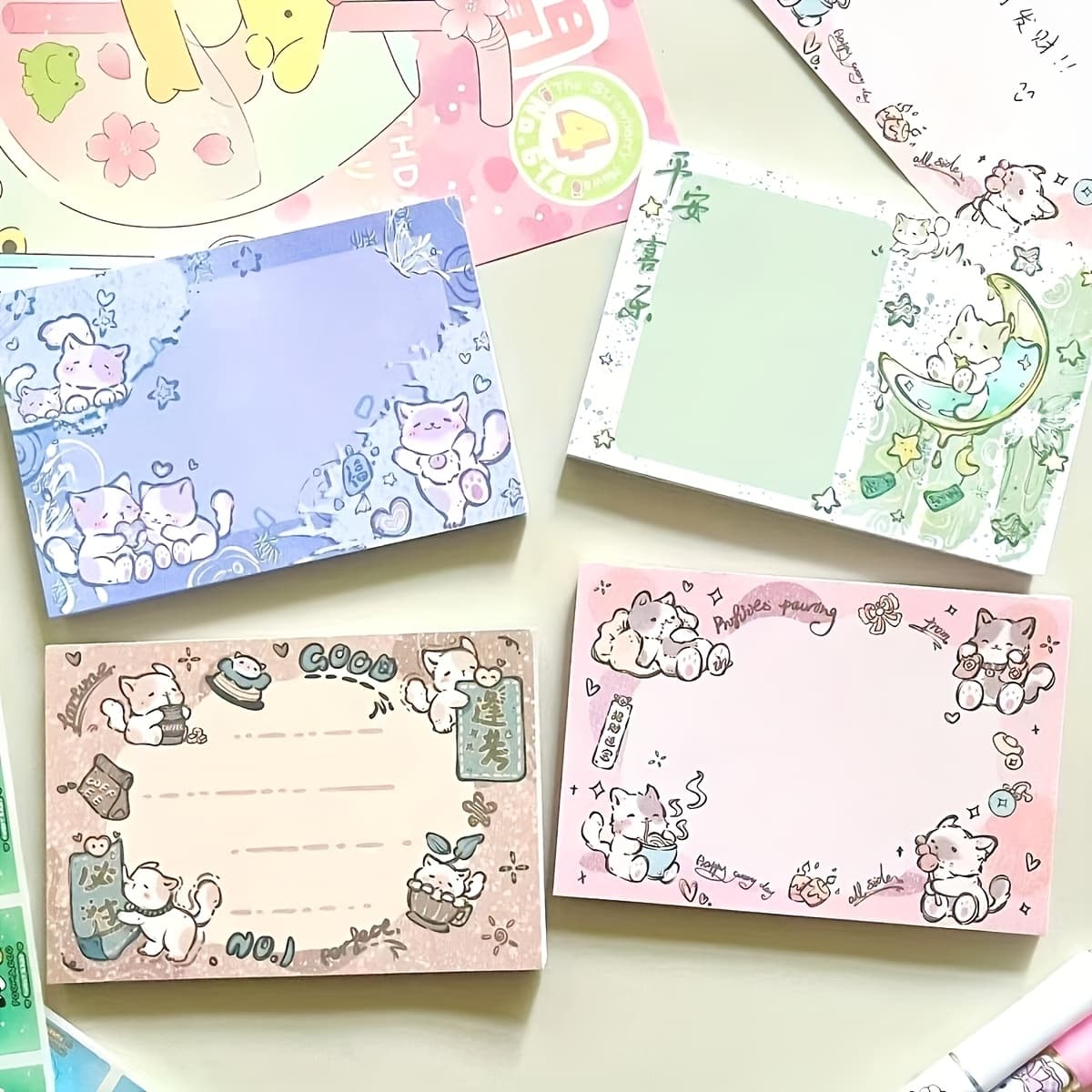 TEMU Pack Of 4 Cute Cat Themed Sticky Notes - Adorable Colorful Cat Designs With & Starry Themes, Rectangular Notes For School, Office, Home - Back-to-school, & Reminders