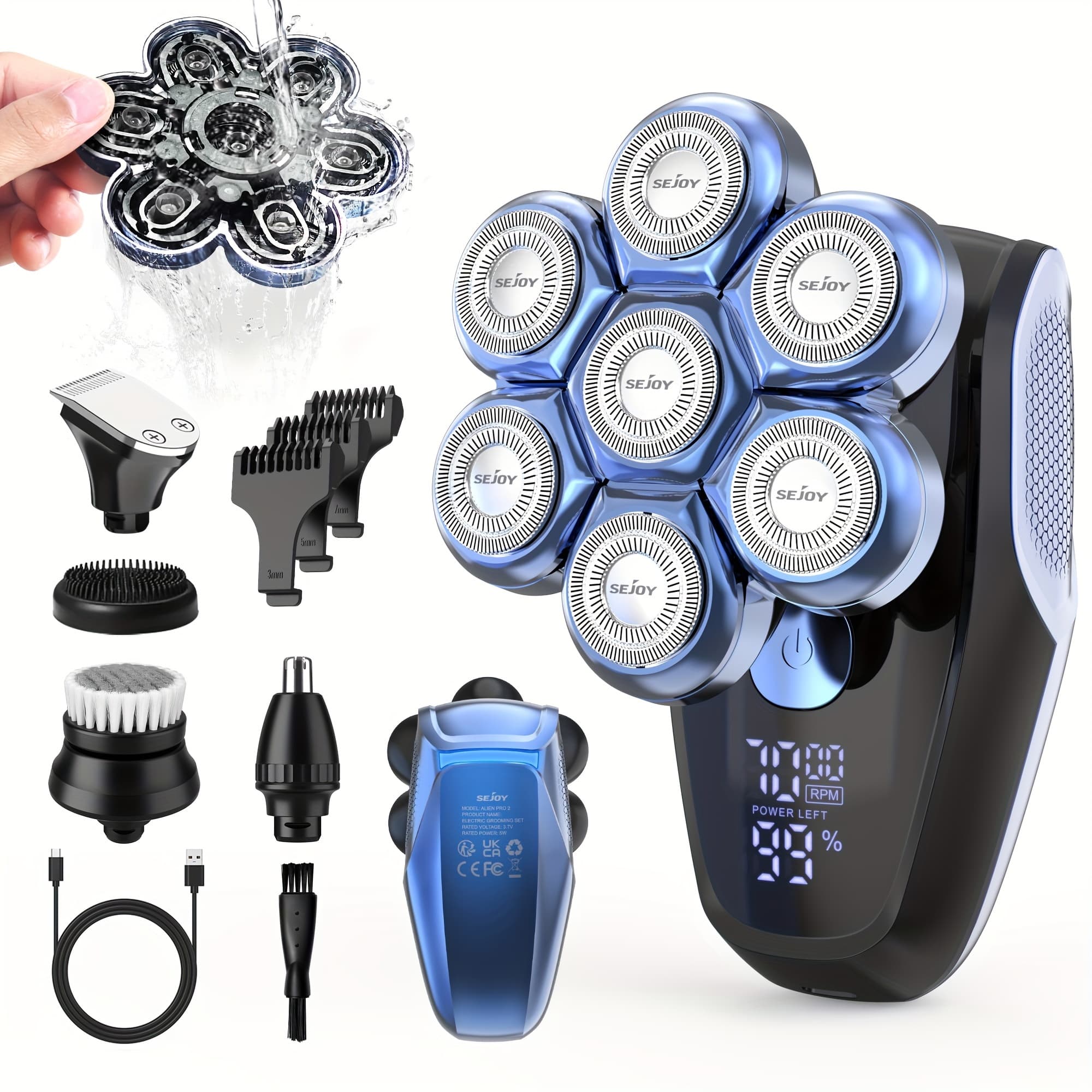 TEMU Sejoy 7d Electric Shaver For Bald Men, Upgraded 7 Floating Head, With Nose Hair Trimmer, Facial Cleaning Brush1.5h Fast Charging Travel Lock, Best Gift