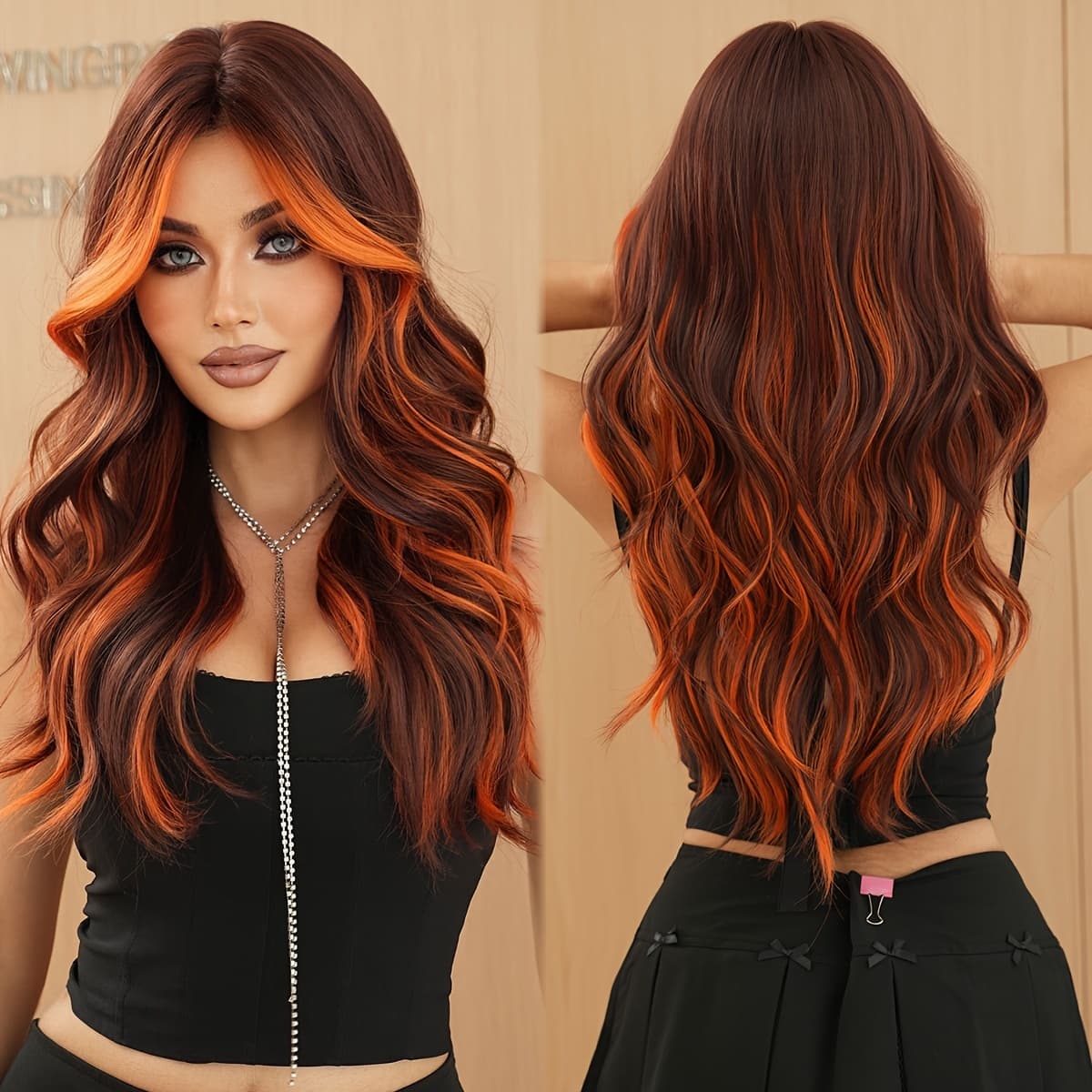 TEMU Halloween Dress Up Wig Long Loose Curly Orange Highlight Reddish Brown Wigs Middle Part High Density Heat Resistant Synthetic Hair Wigs With Curtain Bangs Beginner Friendly 26inches