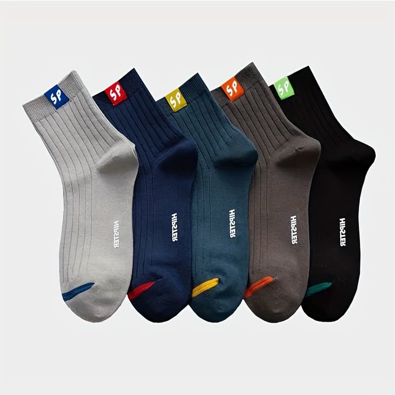 TEMU 5-pairs5 Colors Men's Basketball Socks - Breathable Korean Style Mid-crew Socks, Odor Resistant Athletic Socks With Cushioned Sole Letter Print