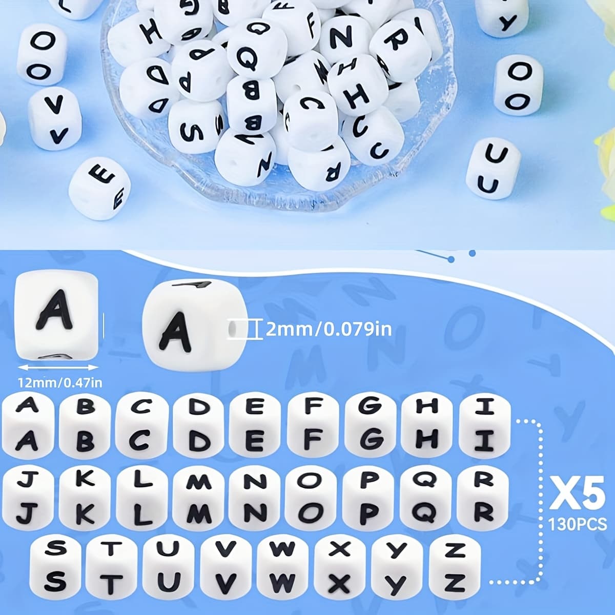 TEMU 130pcs Of Silicone Alphabet Beads, 12mm Square Beads Suitable For Bracelets, Keychains, Necklaces, And Lanyards (in )