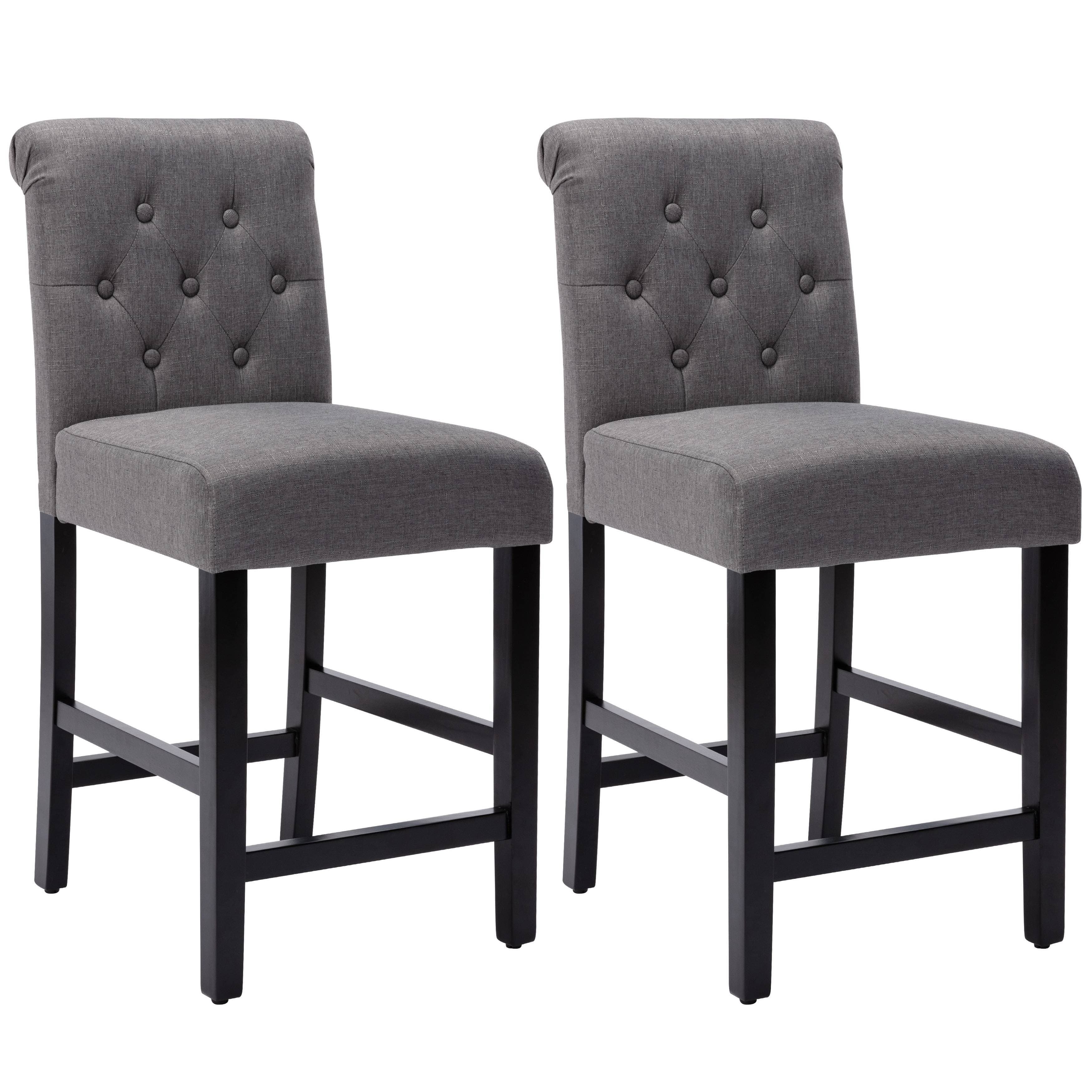 TEMU Counter Bar Stools, 24 Inch Seat Height Wooden Stools, Upholstered Button Tufted Dining Chairs, Grey, Set Of 2